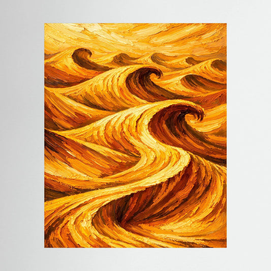 Abstraktes Wandposter mit goldenen und orangefarbenen Wellen, ohne Rahmen, Hochformat.