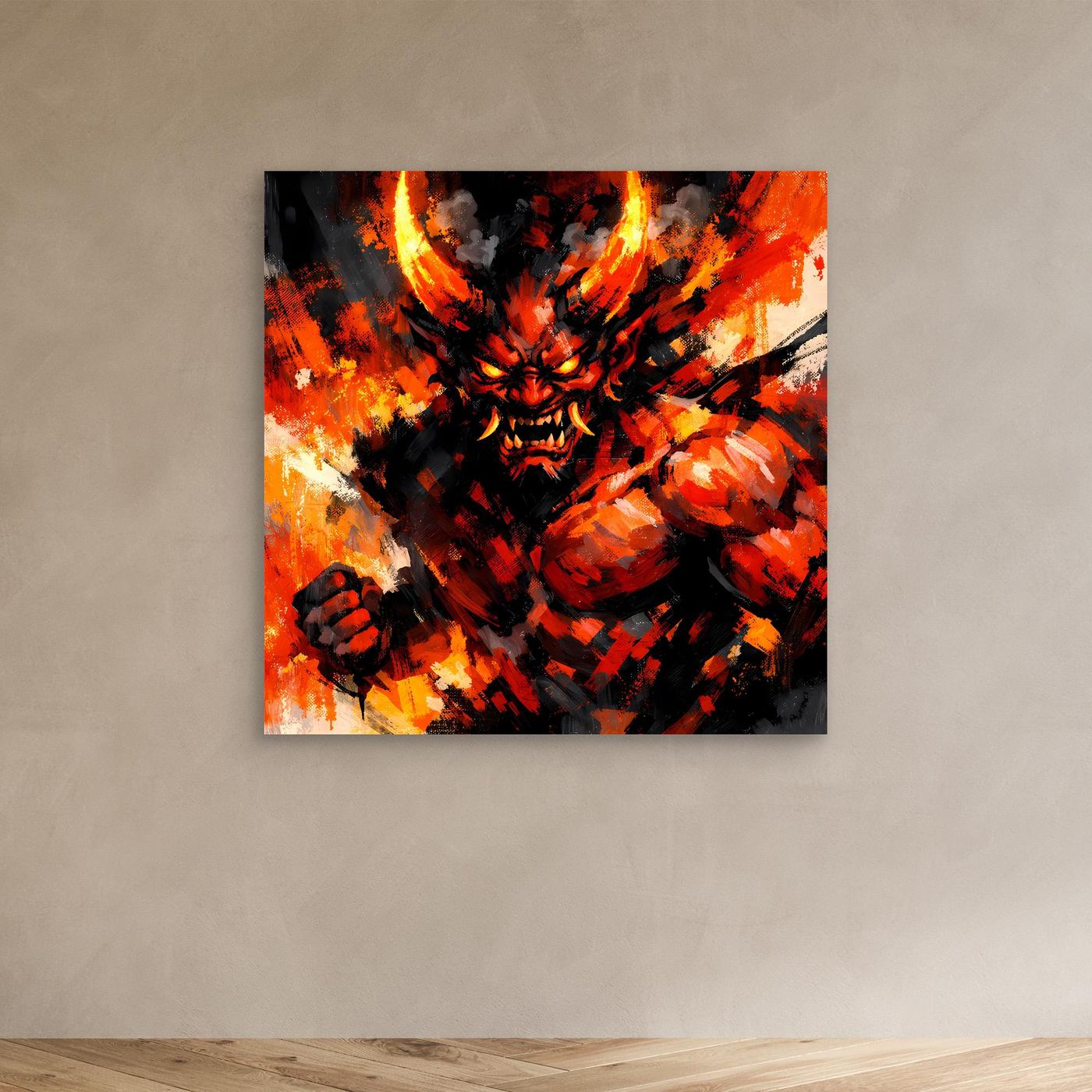 Leinwand Feuriger Dämon | Expressionistisches Fantasy Oni Wandbild