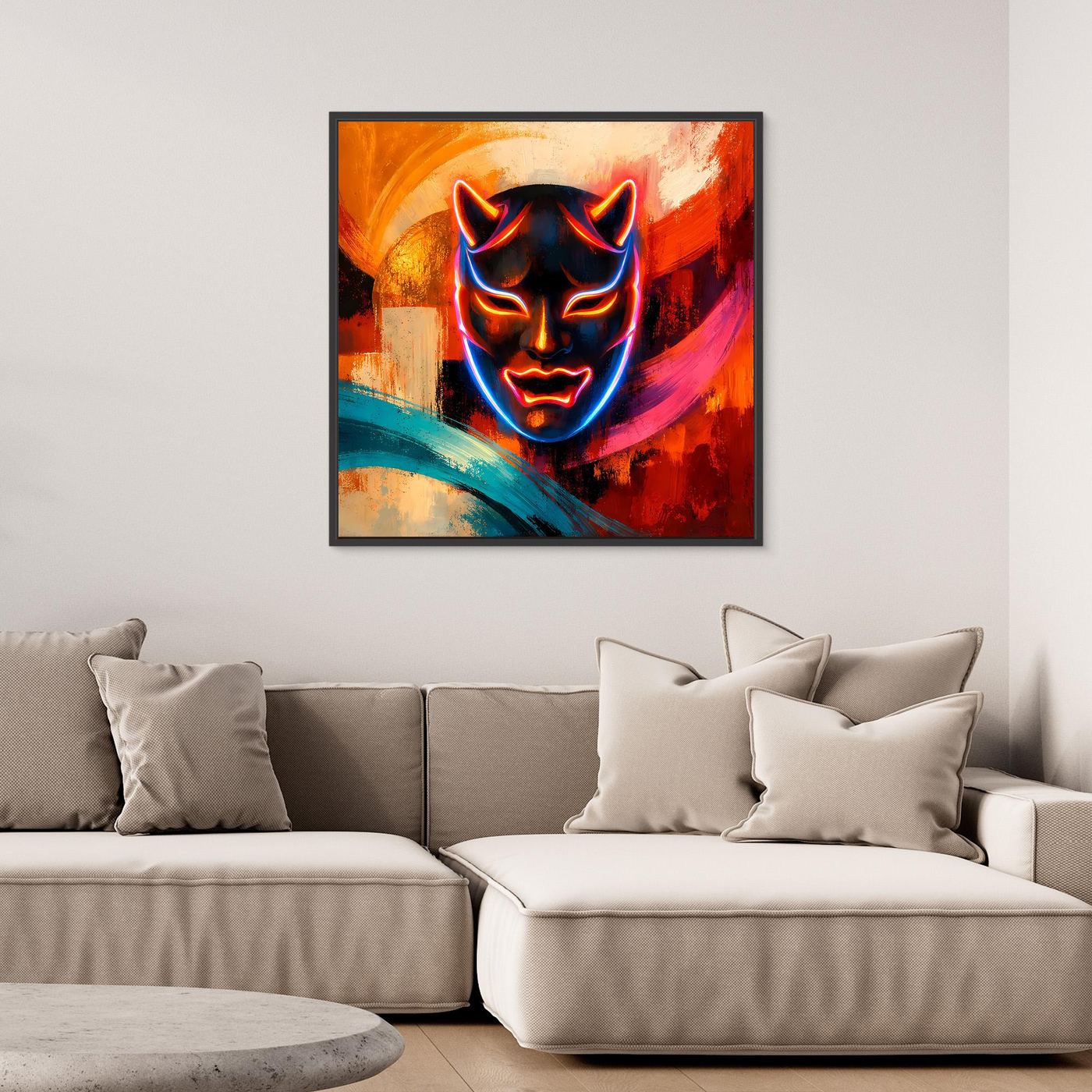 Gerahmtes Leinwandbild mit Oni-Gesicht in Neon-Style, orange Hintergrund und kräftige Blauschattierung