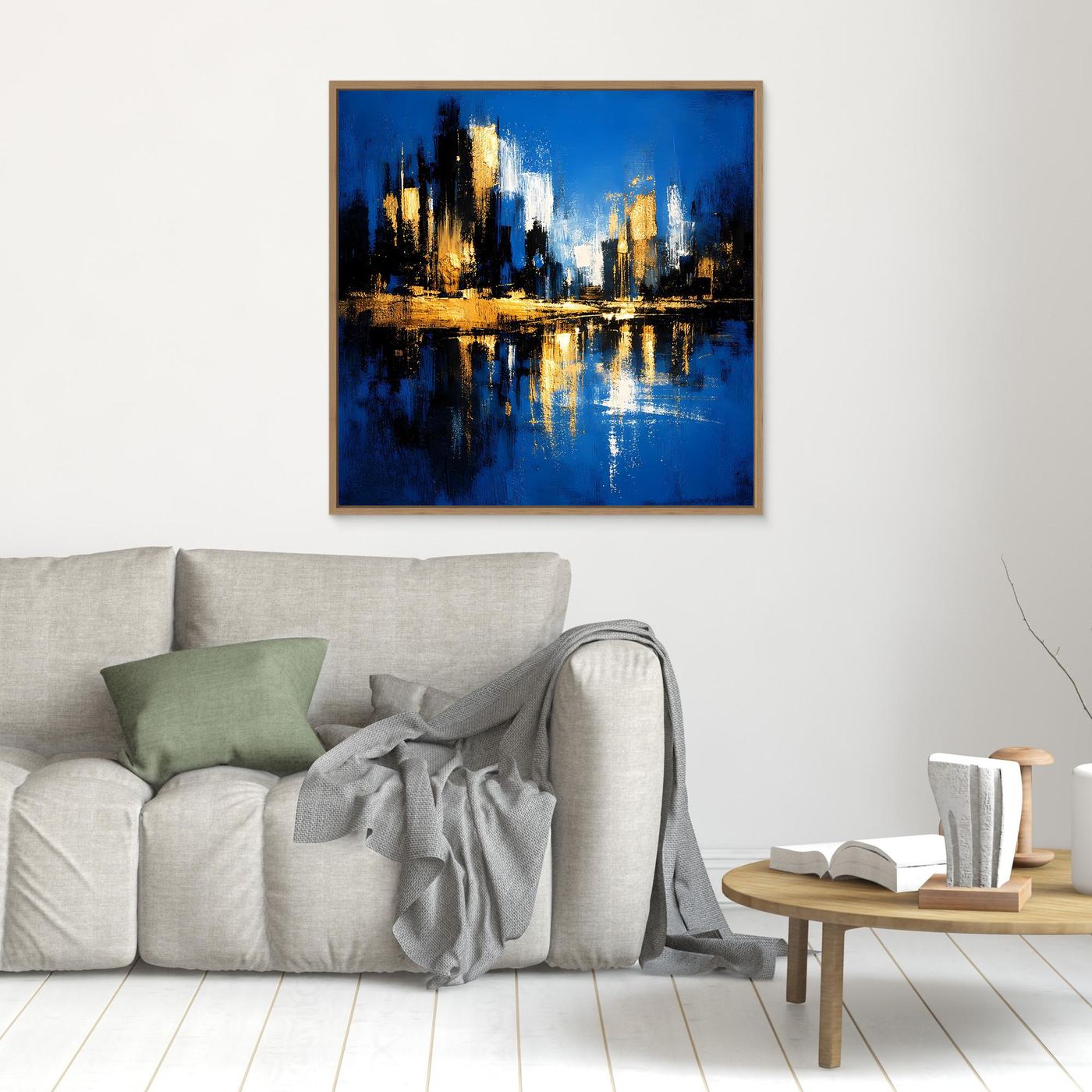 Leinwand Abstrakte Skyline in Blau und Gold | Modernes Großstadt Wandbild mit Spiegelung