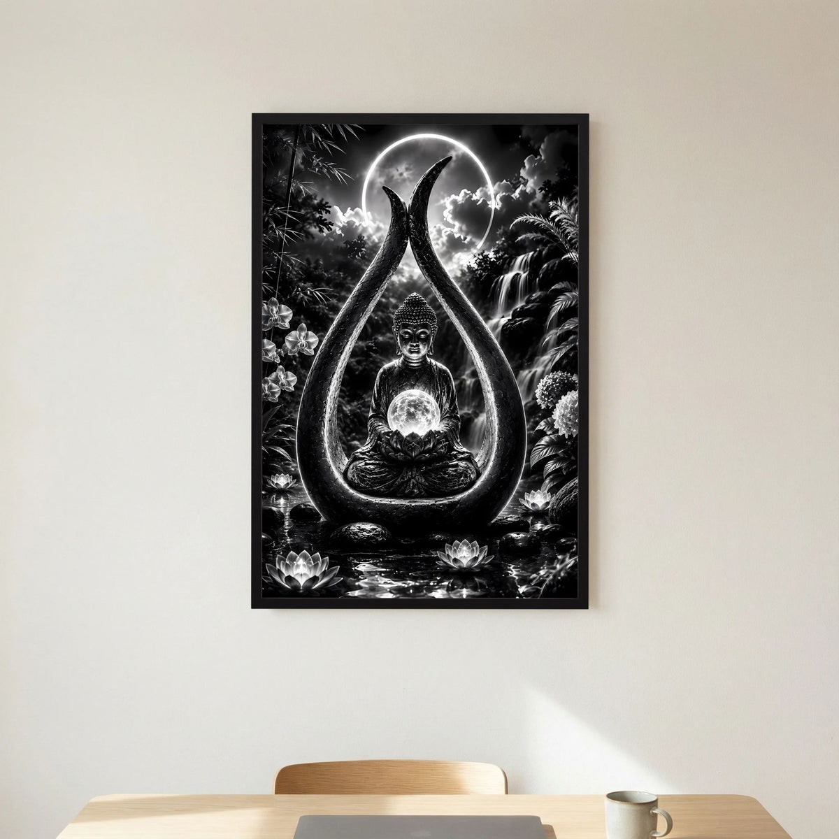 Hochformatiges Zen-Poster mit sitzendem Buddha im Tropfen-Motiv, Schwarzweiß, mit schwarzem Rahmen.
