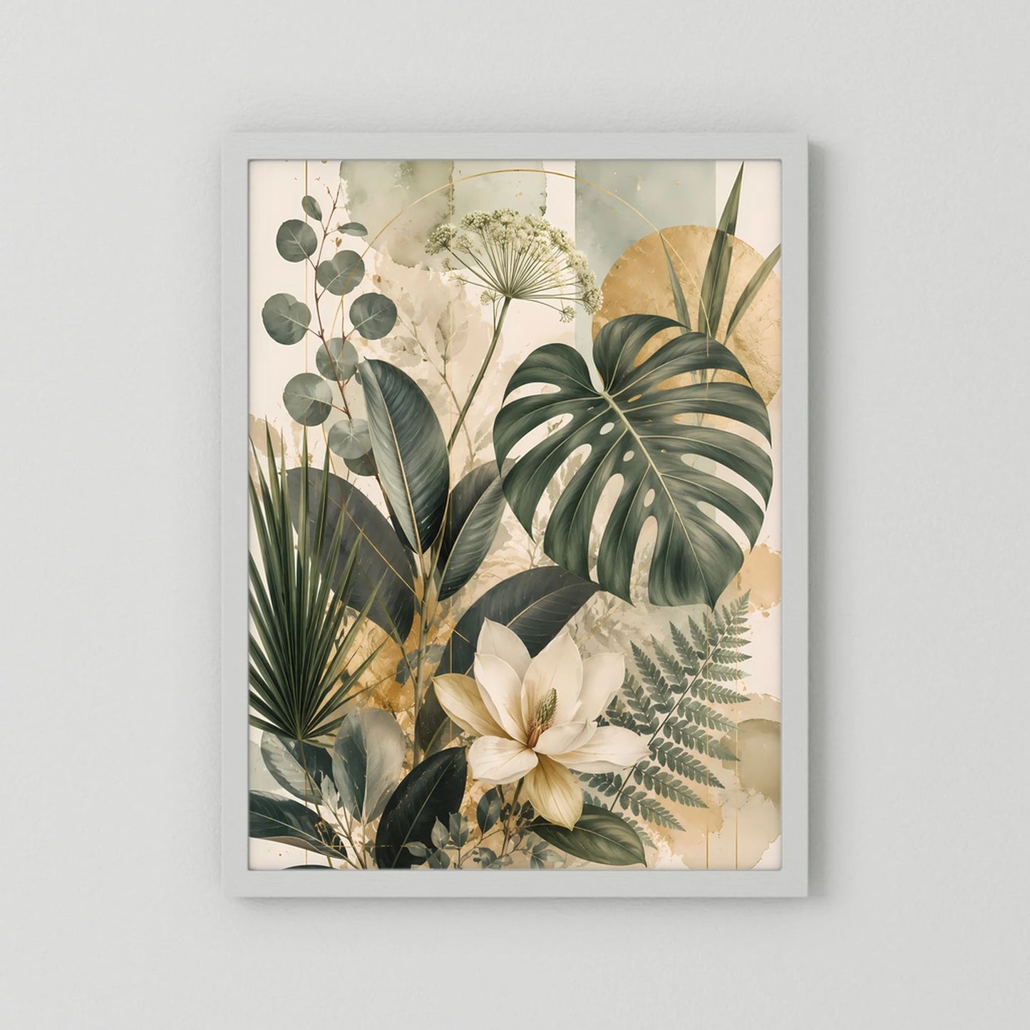 Hochformatiges Pflanzenposter mit grünen Blättern und Magnolienblüte, silberfarbener Rahmen
