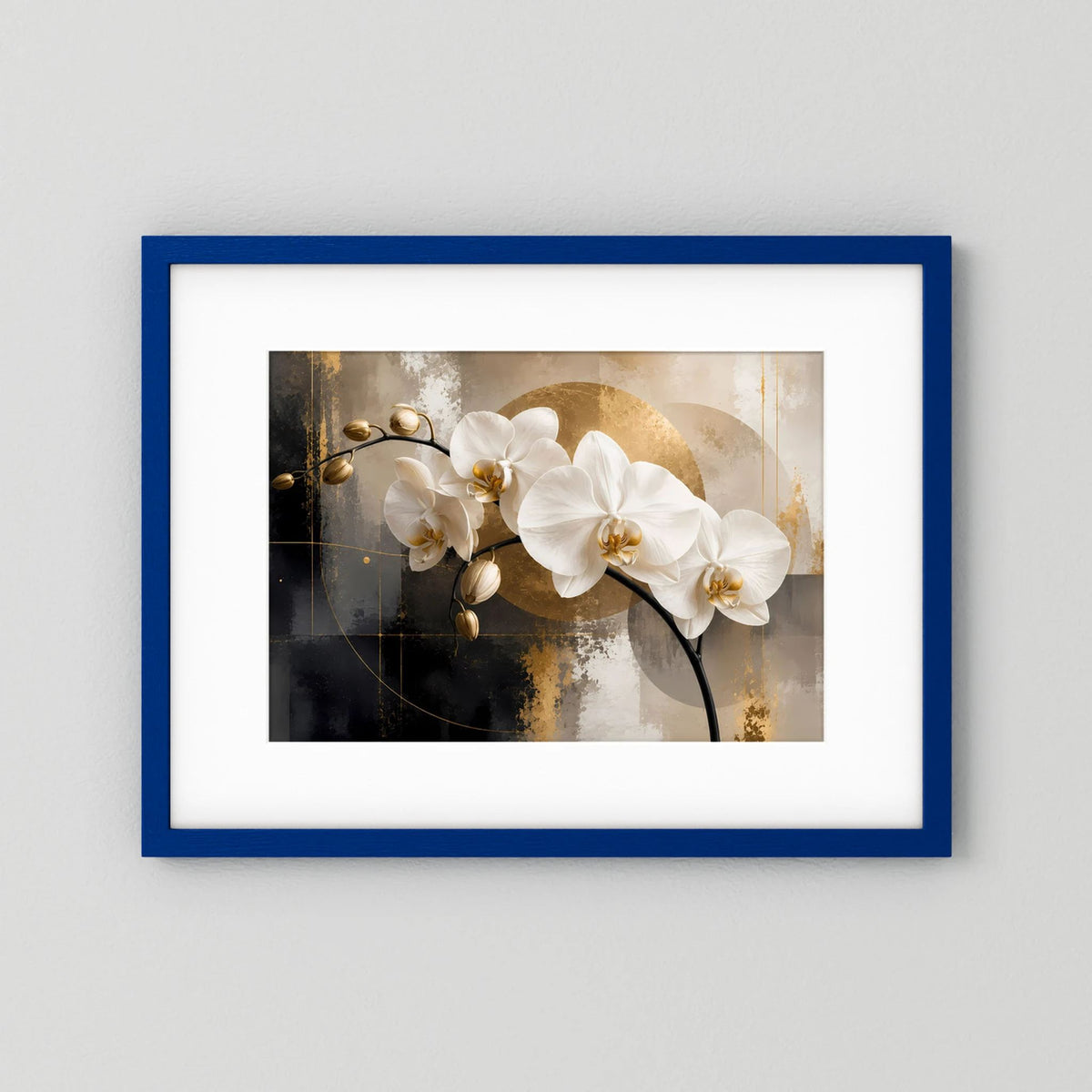Abstraktes Orchideen-Poster im Querformat mit weißen Blüten, blau gerahmt mit weißem Rand