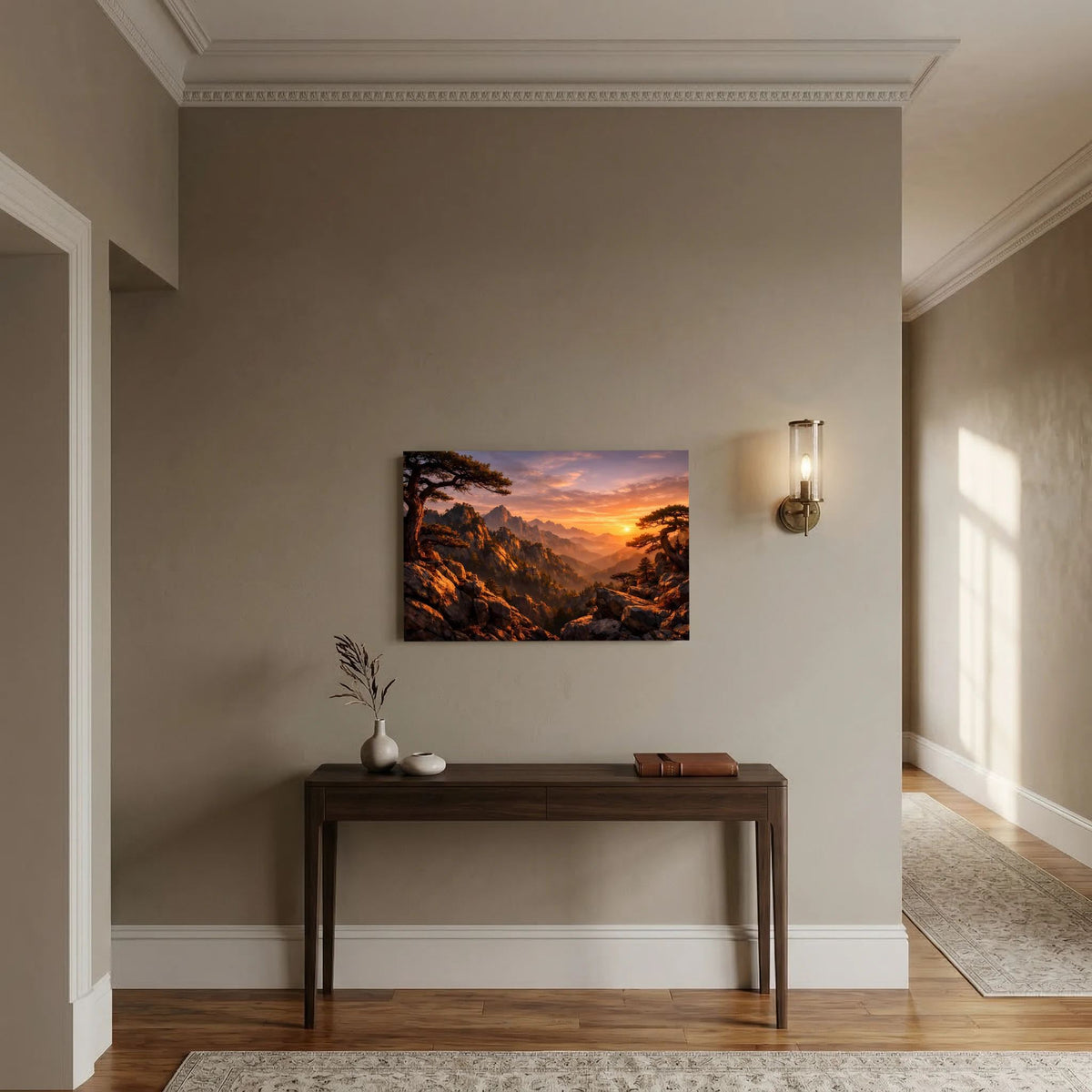 Querformatiges Wandposter mit Berglandschaft und Sonnenuntergang über den Tälern