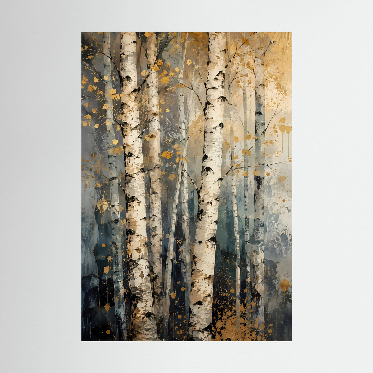 Abstraktes Birkenwald-Poster, vertikal, beige und graue Baumstämme mit goldenen Farbtupfern