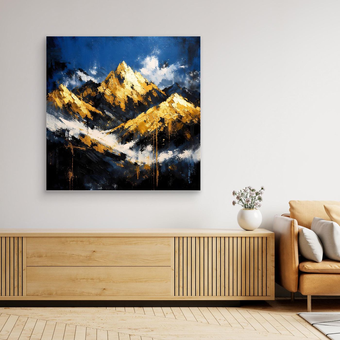 Leinwand Abstraktes Berggemälde in Blau und Gold | Modernes Berge Wandbild