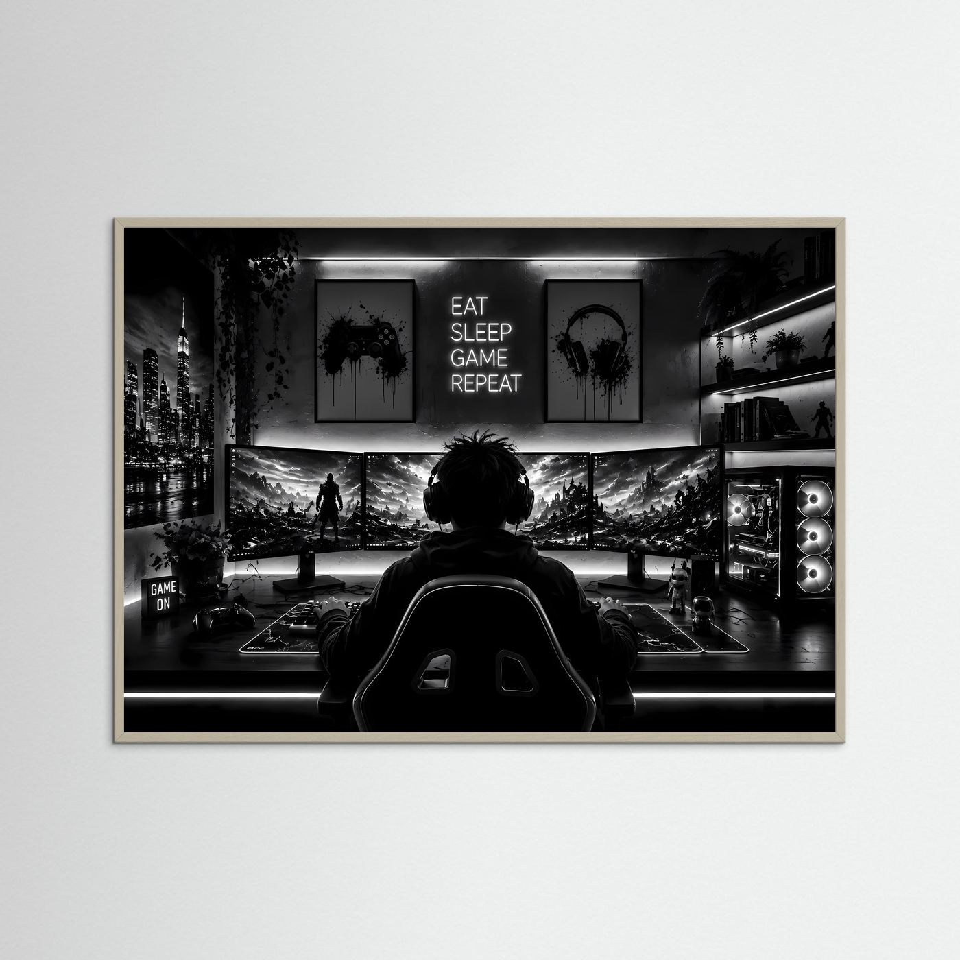 Gaming Poster Schwarz Weiß | Gamer Setup Wandbild | Gaming Room Deko | PC Gaming Kunst | Monochromer Fine Art Print