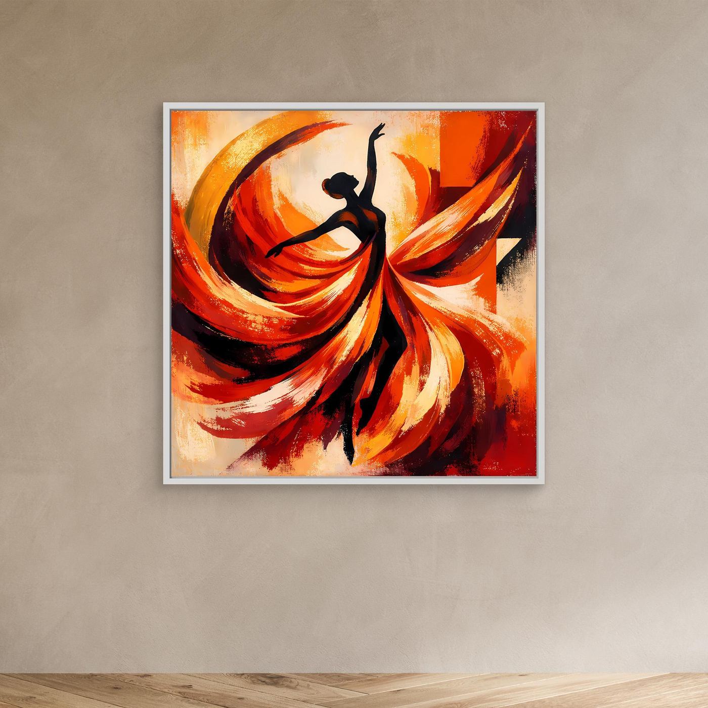 Leinwandbild mit abstrakter Ballerina-Silhouette und feurigen Rot-Orange-Wirbeln im weißen Rahmen