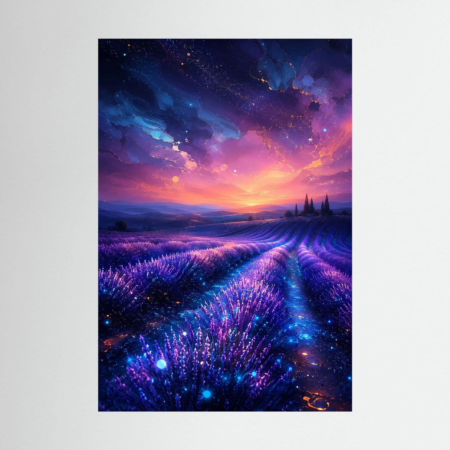 Poster im Hochformat mit leuchtendem Lavendelfeld in Violett und Blau