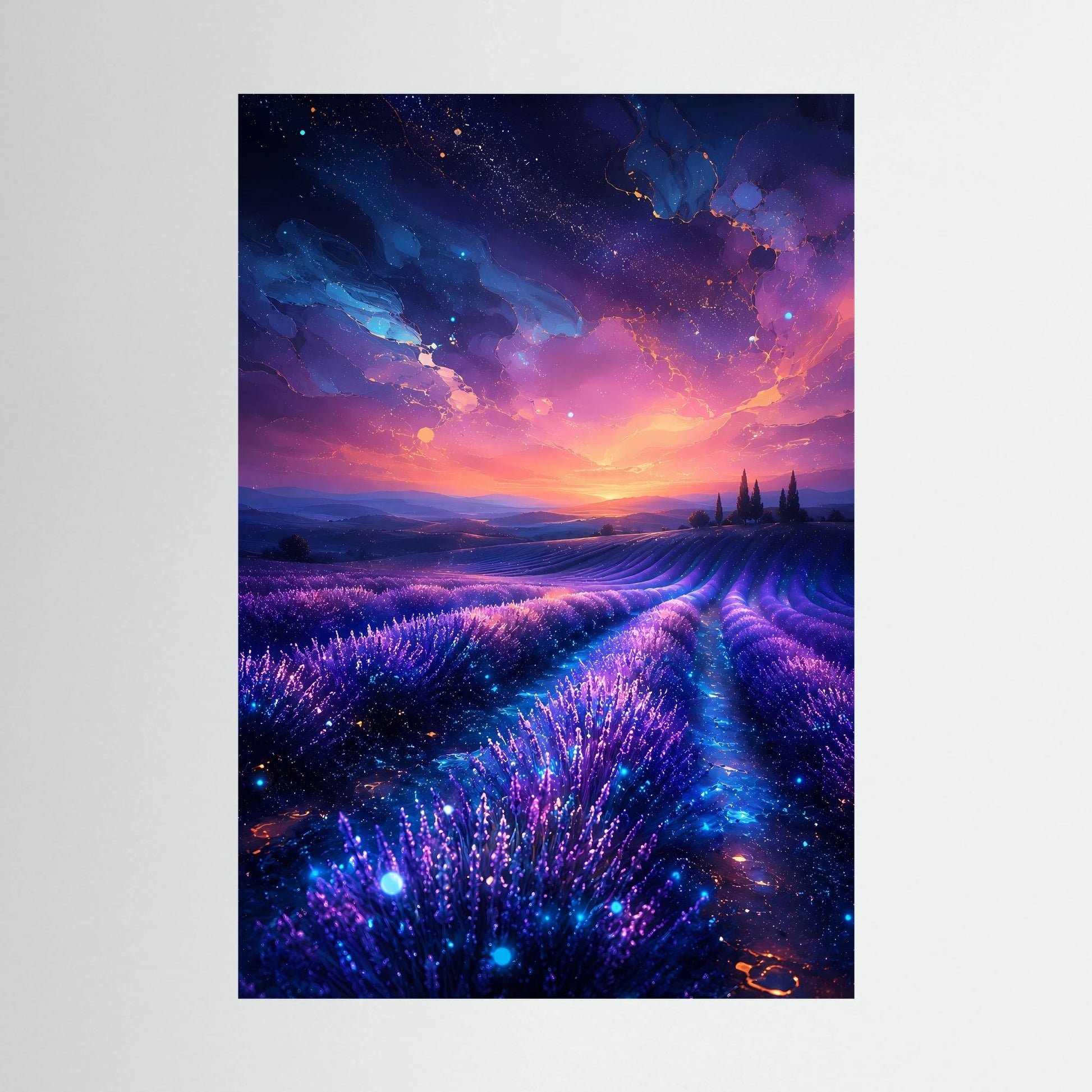 Poster im Hochformat mit leuchtendem Lavendelfeld in Violett und Blau