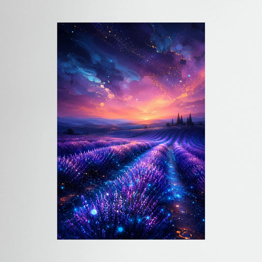Poster im Hochformat mit leuchtendem Lavendelfeld in Violett und Blau
