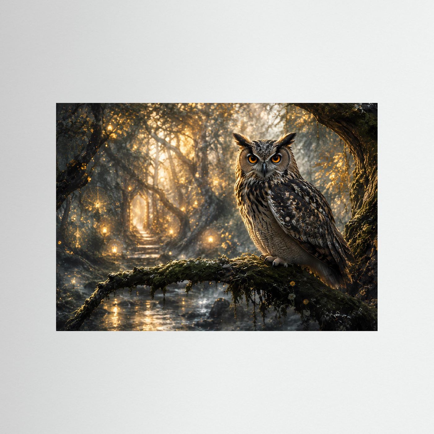 Poster mit Eule im Wald, sitzt auf moosigem Ast am Wasser, goldenes Licht