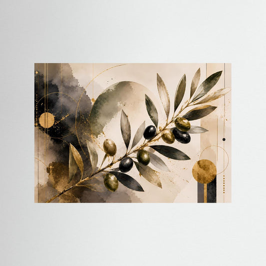 Poster: Olivenzweig in Schwarz und Gold, Blätter und Oliven, abstrakte Linien, quer