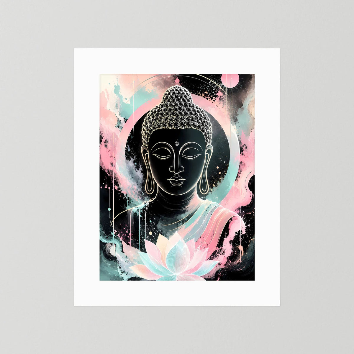 Buddha-Poster im Hochformat mit Lotusblüte und pastellfarbenen Hintergründen, ohne Rahmen