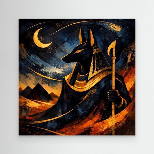Leinwandbild mit Anubis, Mondsichel und Fackel im abstrakten Nachtmotiv