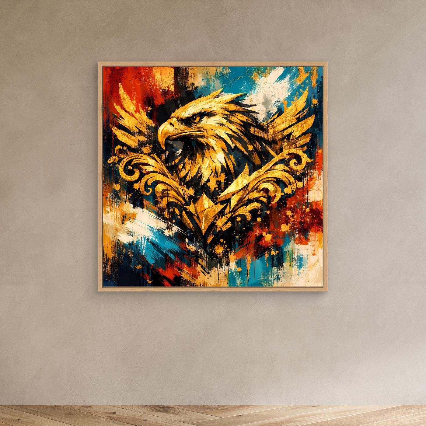Leinwandbild mit goldenem Adler im Barock-Stil, abstraktes Farbspritzmotiv, Eichenrahmen
