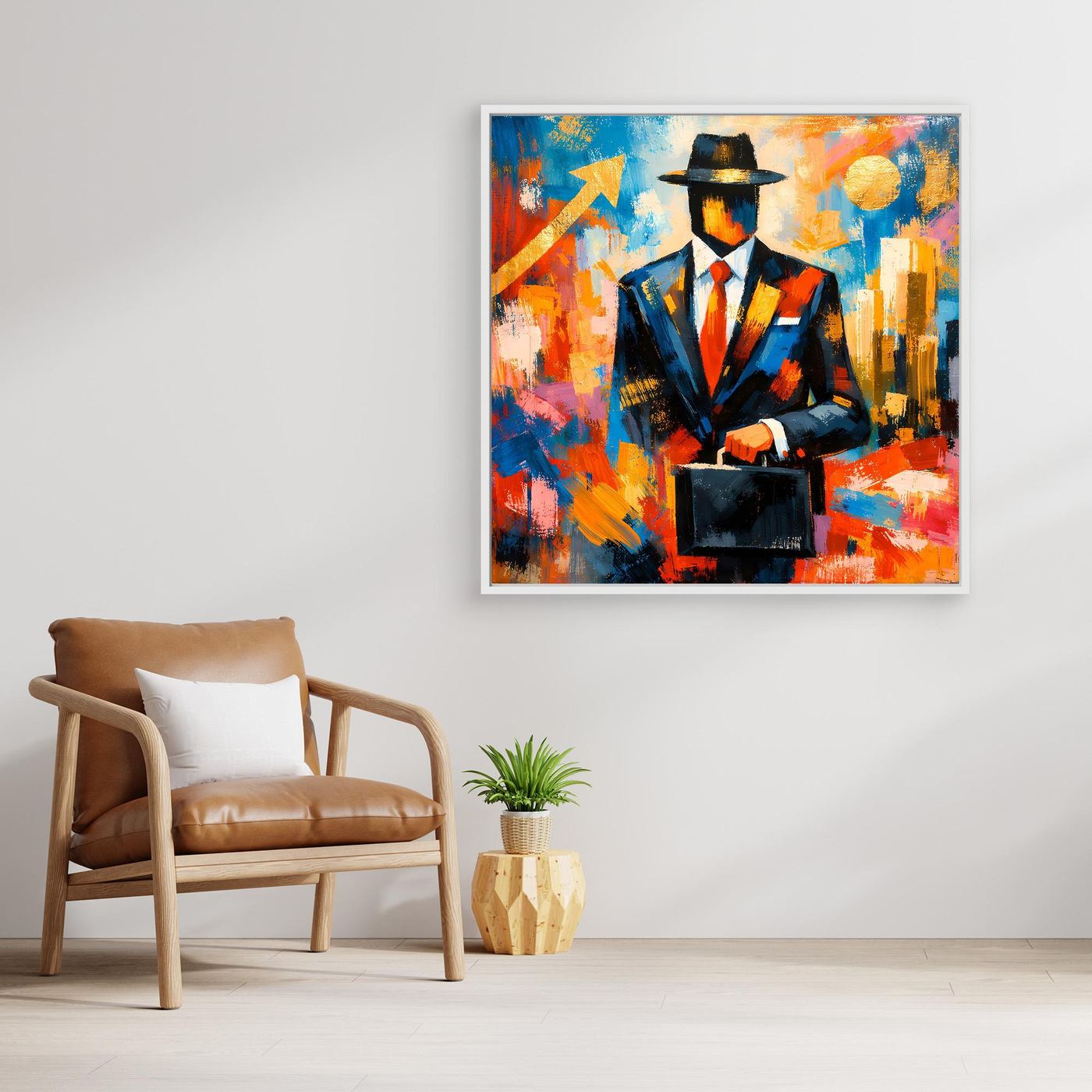 Leinwandbild in buntem Pop-Art-Look: Geschäftsmann mit Hut, Anzug und Aktentasche