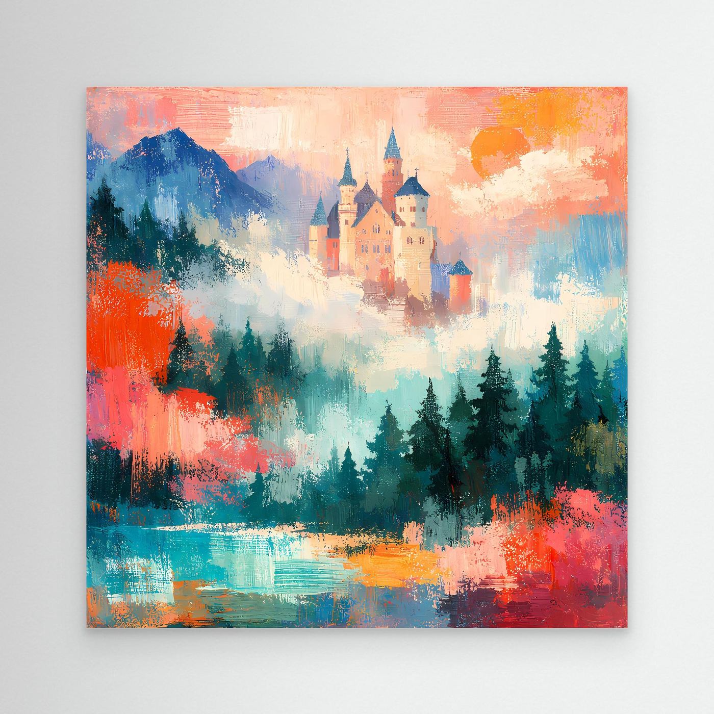 Abstraktes Wandbild mit Schloss in Pastellfarben, Bergen und Tannen vor wolkigem Himmel