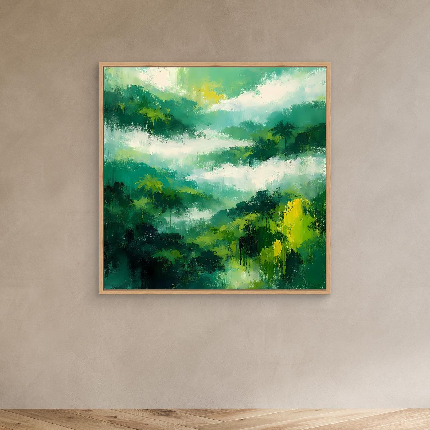 Abstraktes Regenwald-Wandbild mit Eichenrahmen, grün-gelbe Vegetation mit Nebel