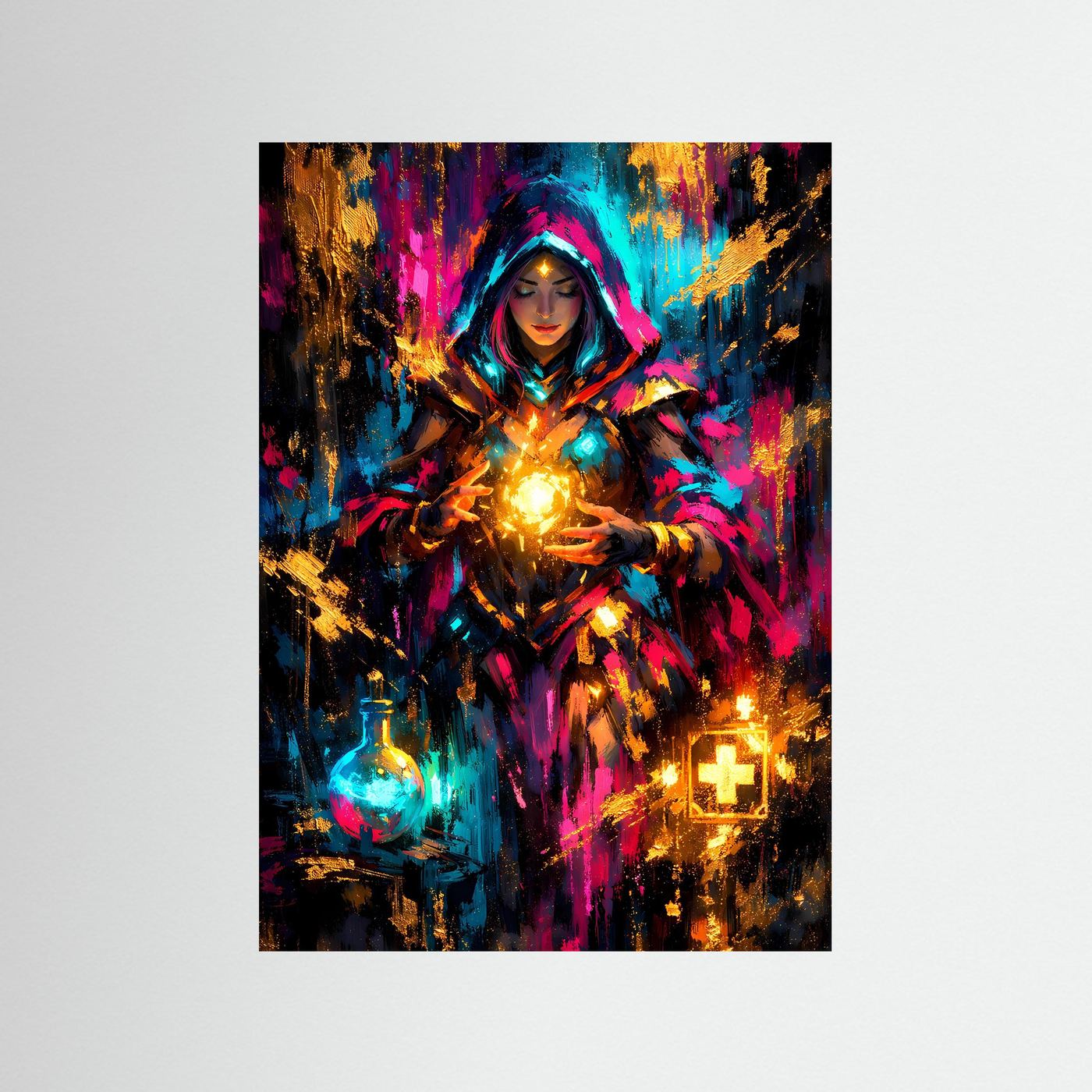 Hochformat-Poster mit Fantasy-Zauberin, leuchtender Kugel, bunten Farbspritzern