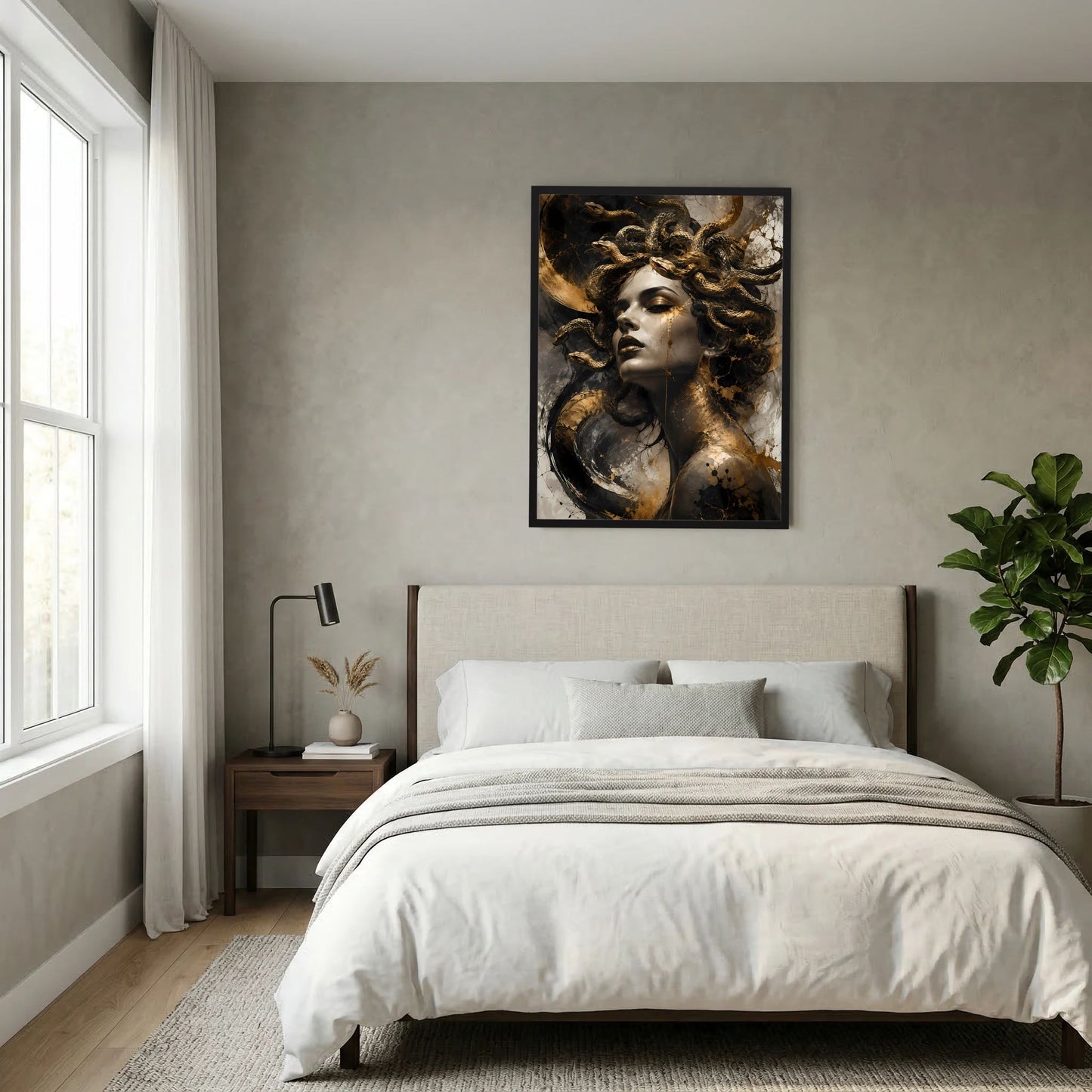 Gerahmtes Medusa-Poster mit Frauengesicht, goldener Schlangenpracht und dunklem Hintergrund