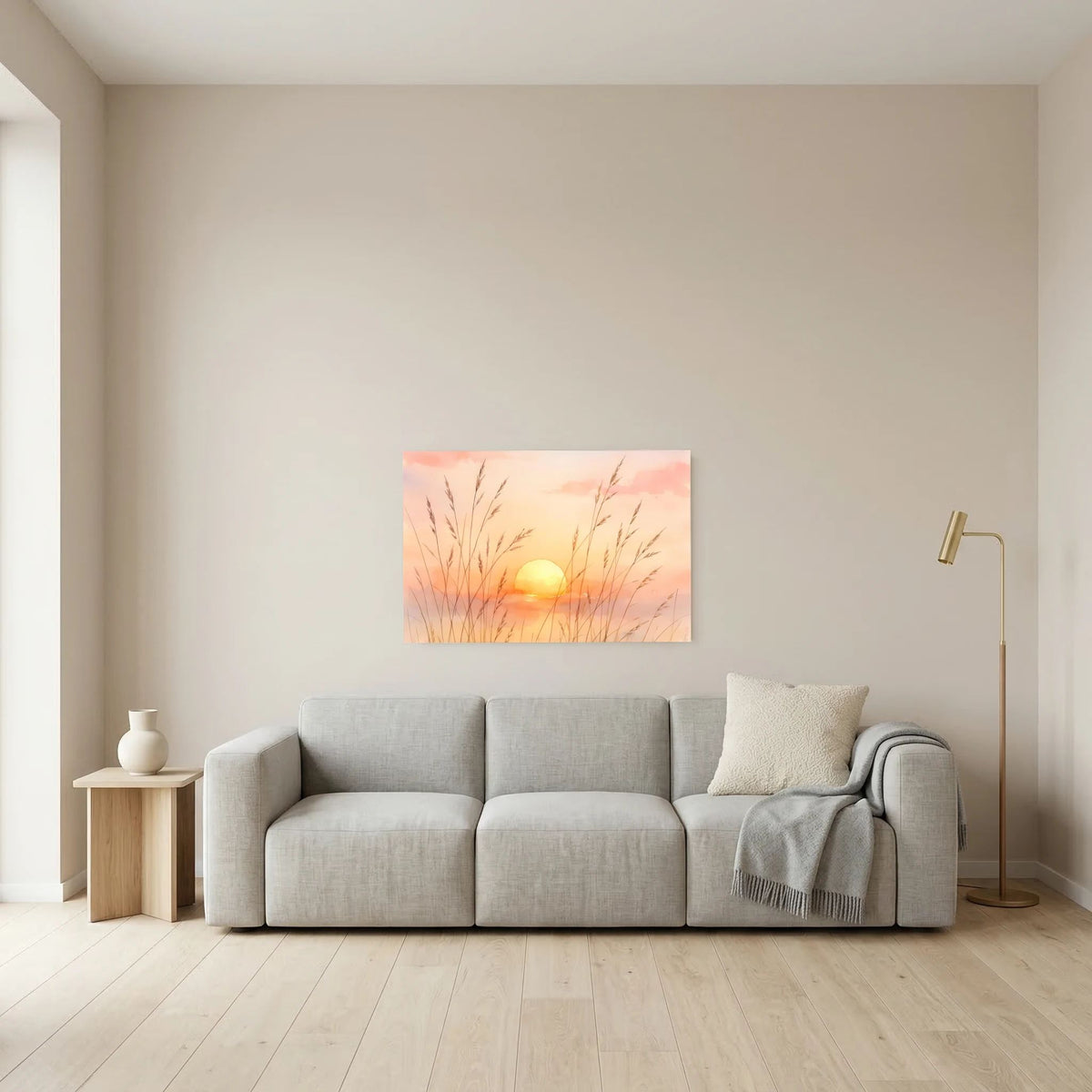 Querformatiges Wandbild mit Aquarellabendsonne und aufragenden Grashalmen