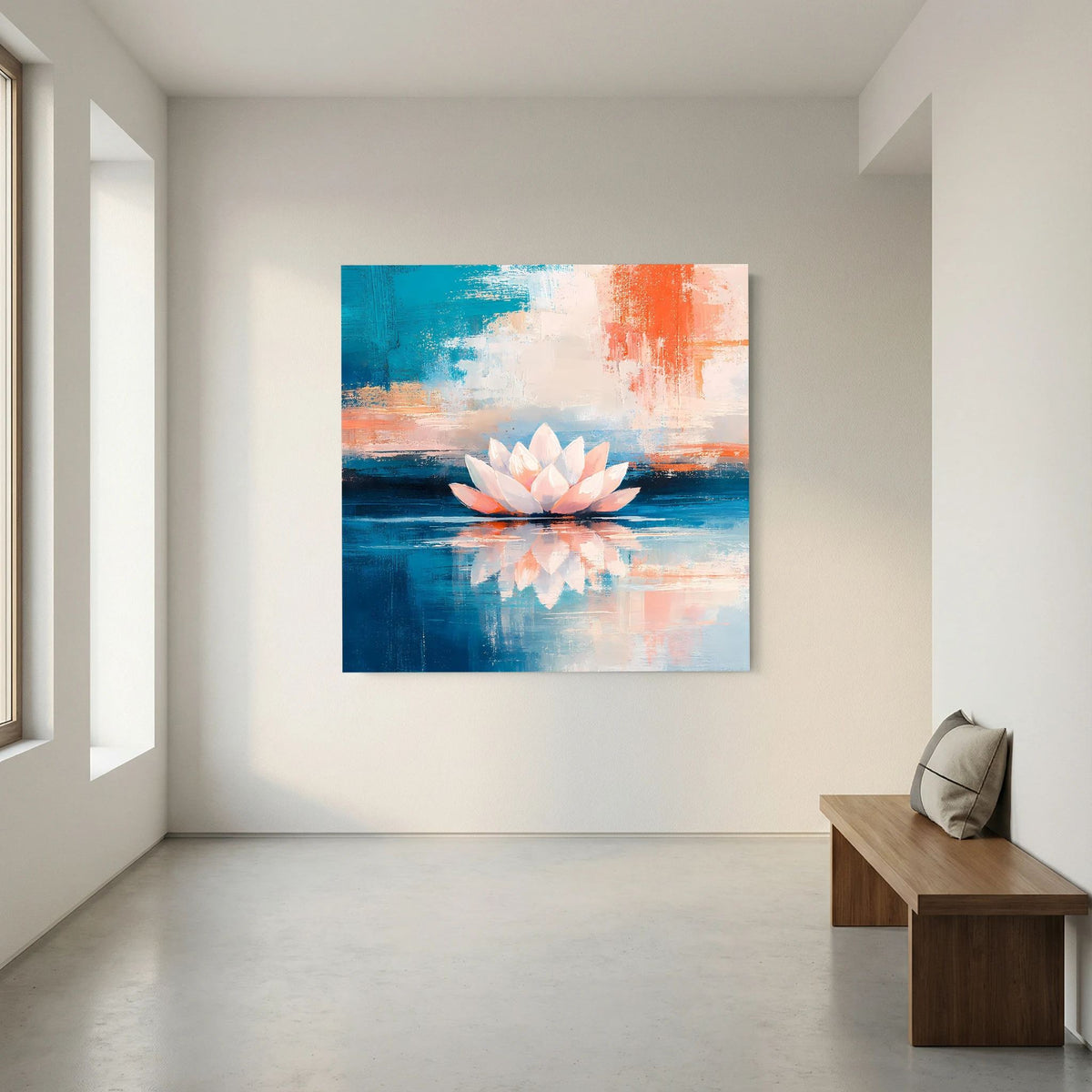 Wandbild: Lotusblüte im Wasser, abstrakte Pinselstruktur in Blau und Orange