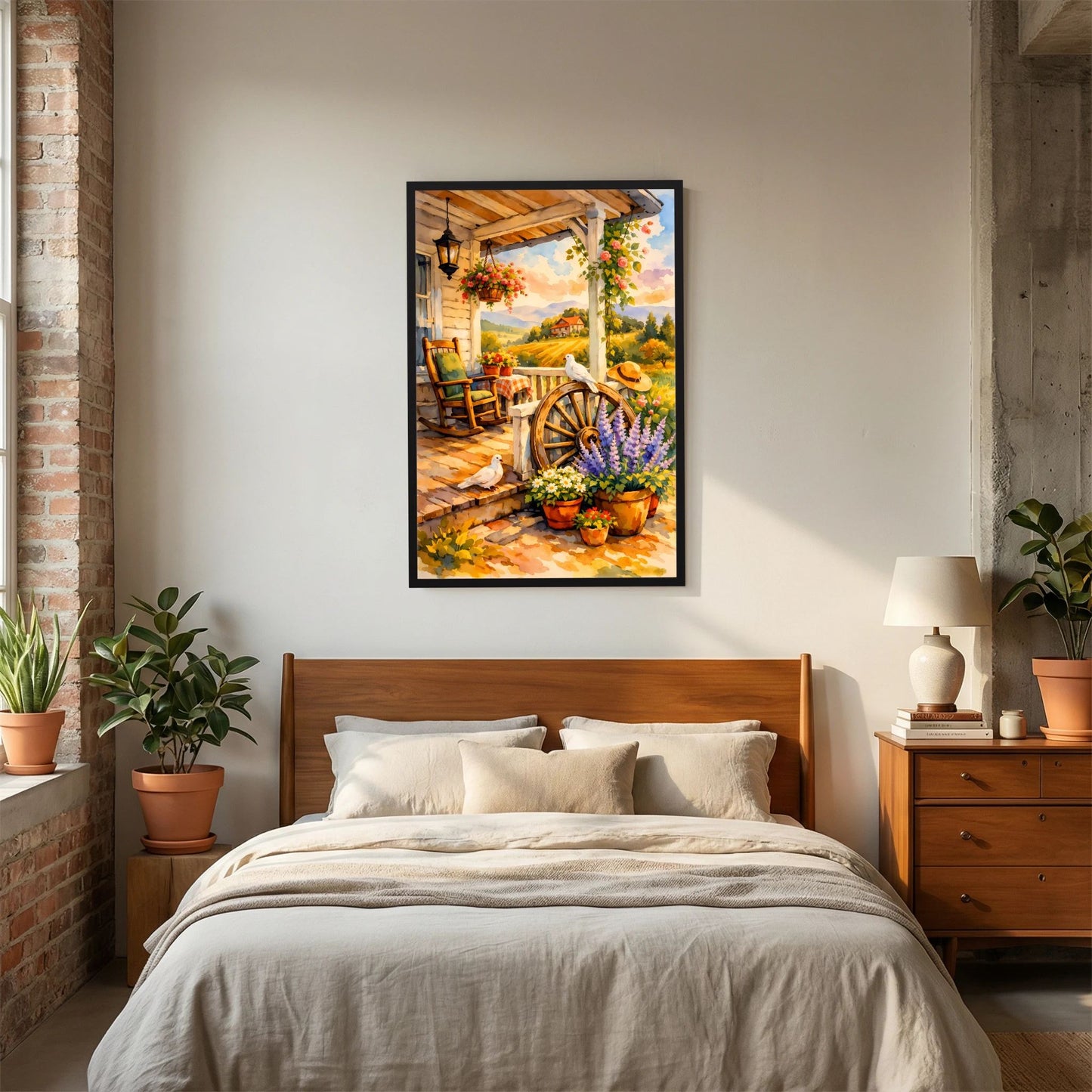 Kunstposter mit Veranda-Motiv, Blumenarrangements und Tauben, Holzrad, schwarzer Bilderrahmen