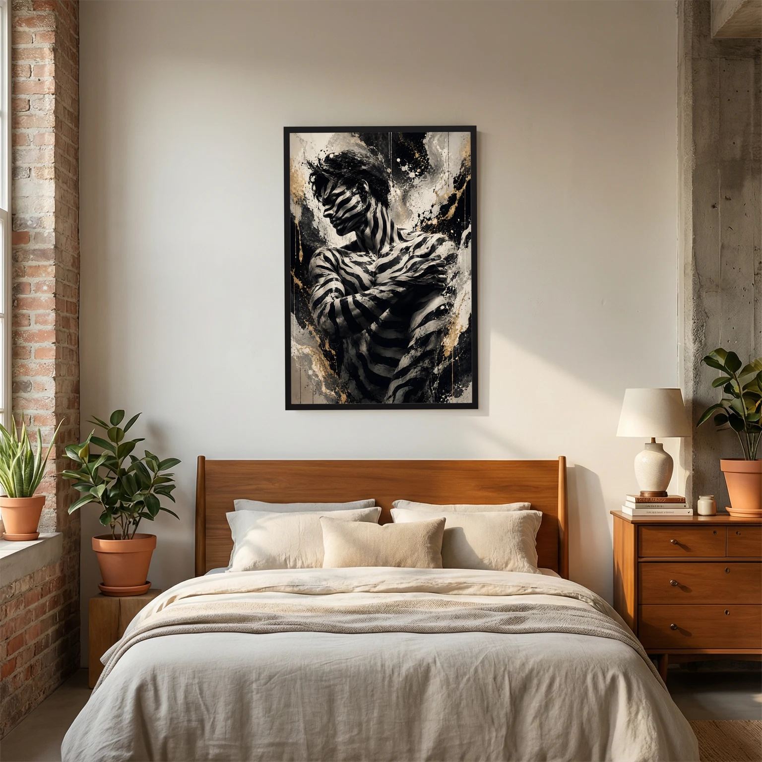 Wandkunst-Poster mit Zebra-Mann im Schwarz-Gold-Look und schwarzem Rahmen