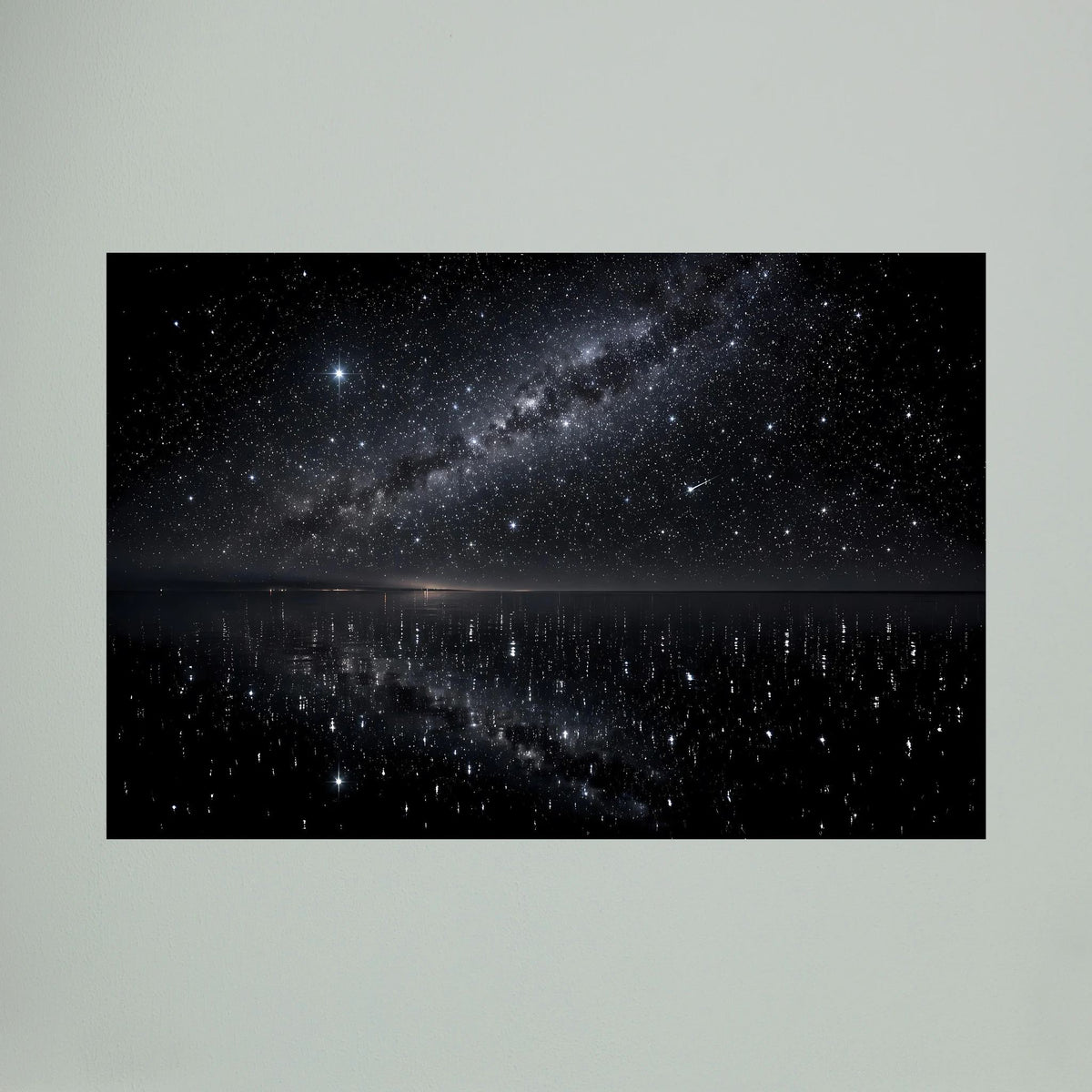 Querformatiges Wandposter mit Sternennacht und Spiegelsee, schwarzer Himmel mit leuchtenden Sternen.