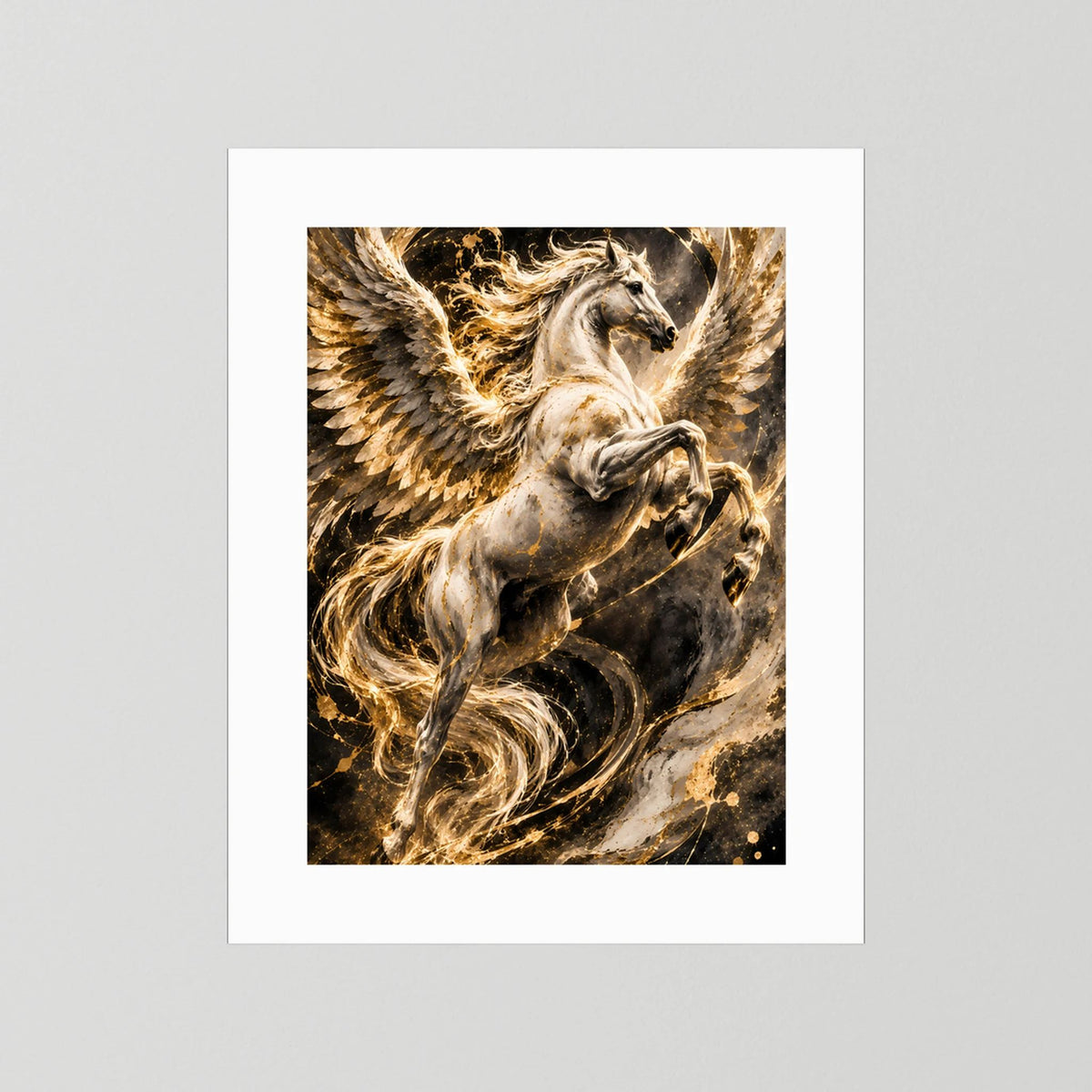 Pegasus-Poster mit weißem Passepartout, geflügeltes Pferd in Gold und hellem Grau