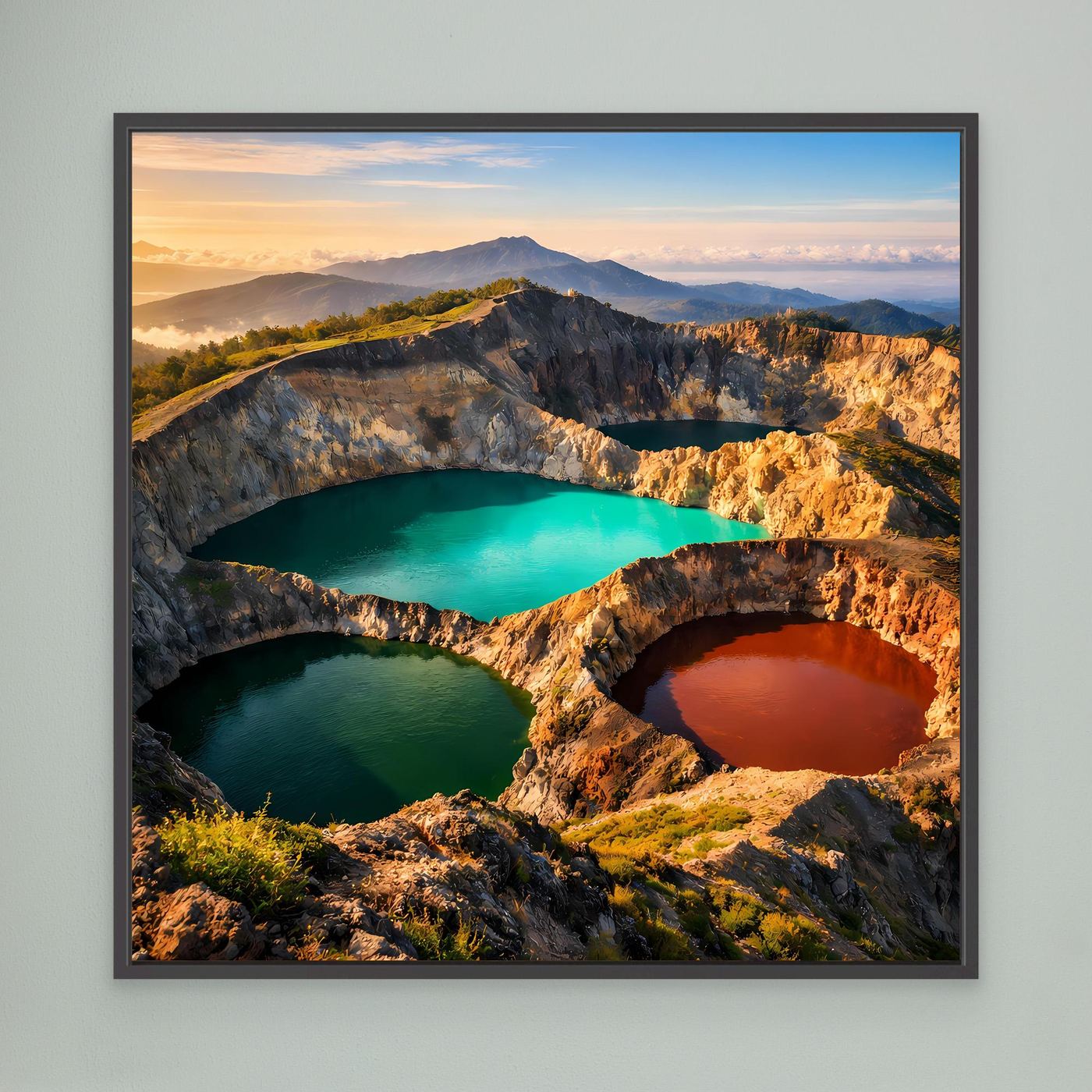 Leinwandbild mit Vulkankratern und drei farbigen Seen: türkis, dunkelgrün und orange-rot, schwarz gerahmt.