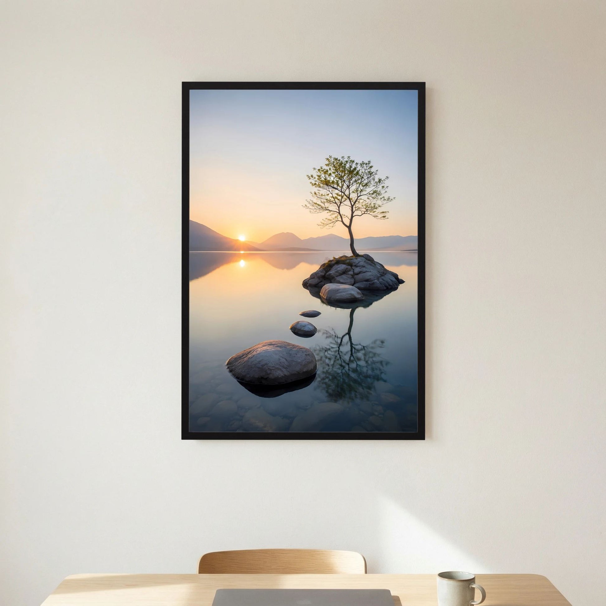 Baum im Bergsee bei Sonnenuntergang | Ruhige Natur mit Spiegelung | Poster Hochformat