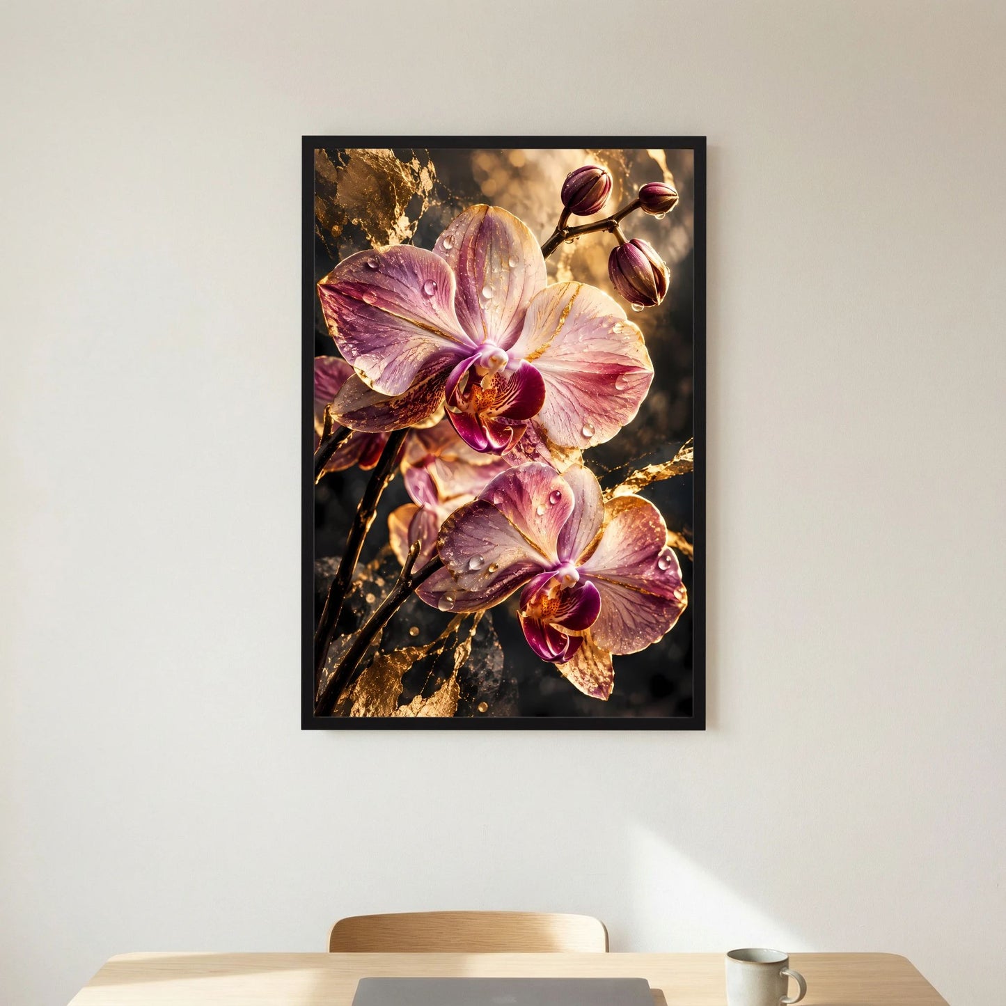 Hochformatiges Poster mit rosa Orchideenblüten und Wassertropfen im schwarzen Rahmen