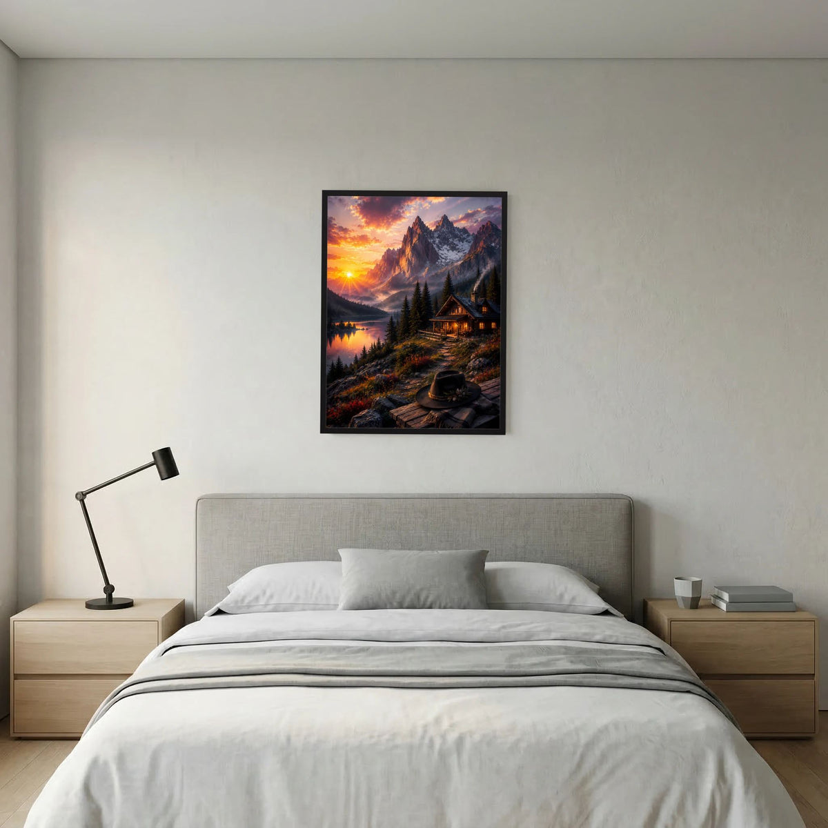 Hochformatiges Poster mit schwarzem Rahmen: Bergszene mit See und Berghütte im Abendrot