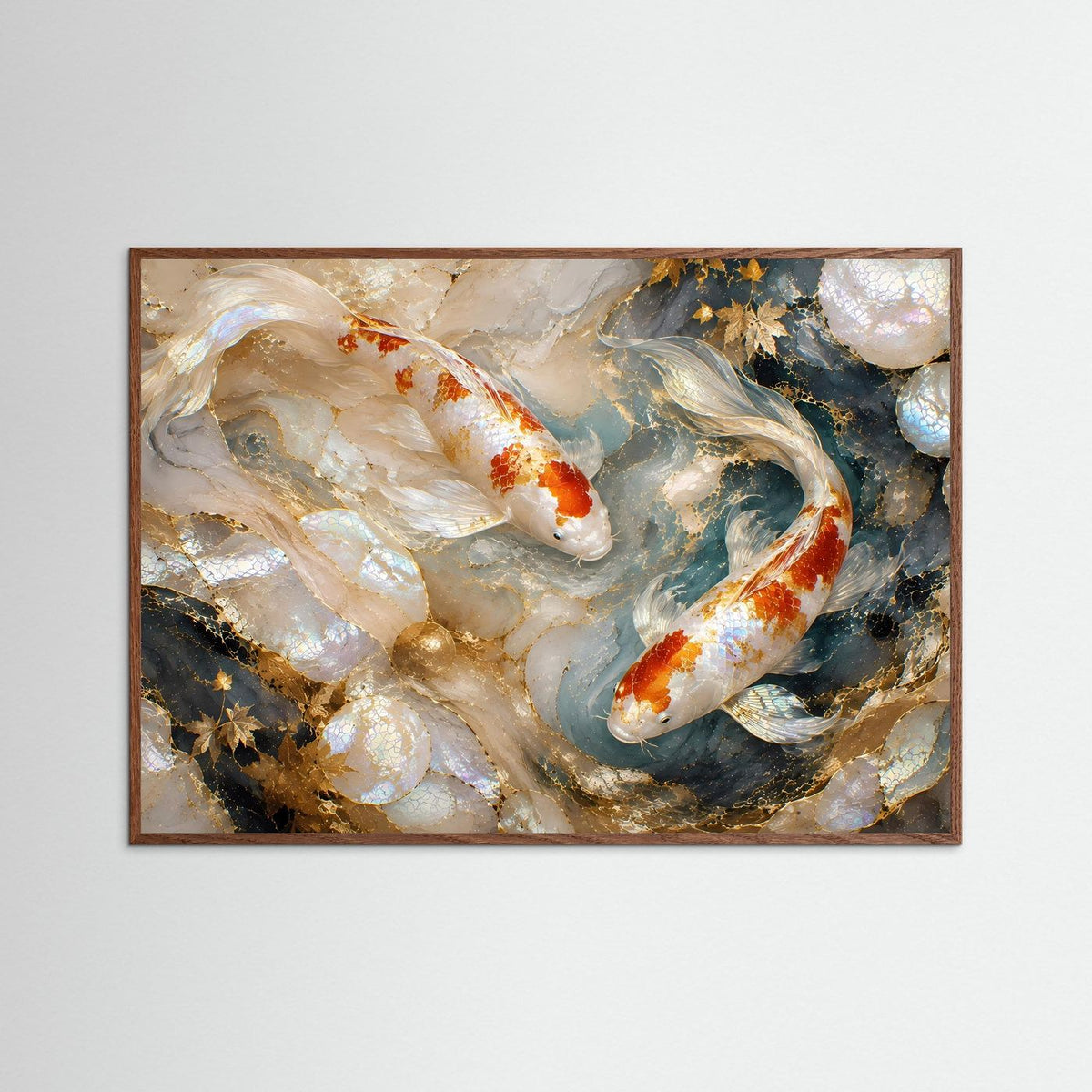 Poster Querformat mit Koi-Fischen in Perlmutt- und Goldtönen, brauner Rahmen