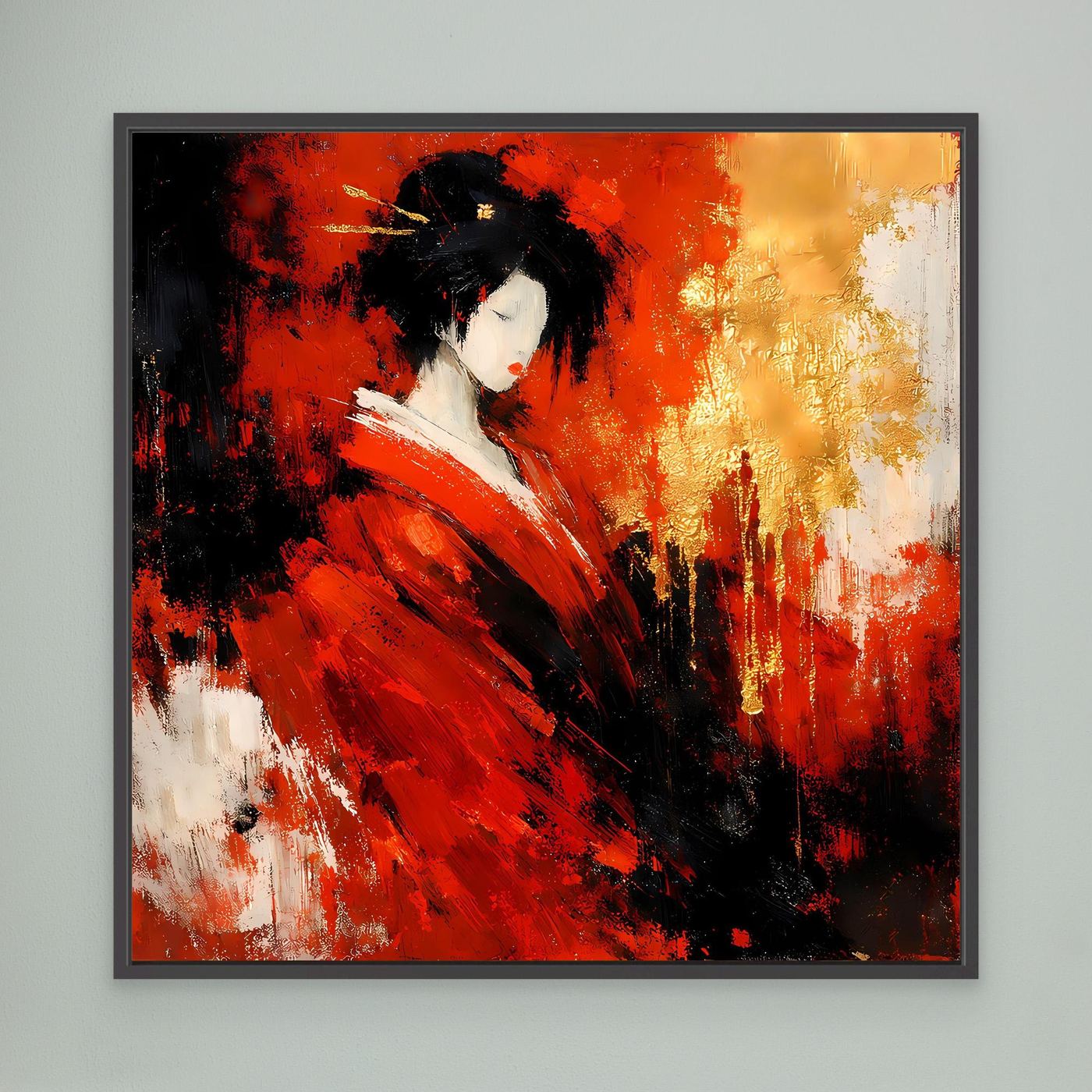 Leinwand Elegante Geisha im Roten Kimono | Abstraktes Asiatisches Wandbild Moderne Kunst