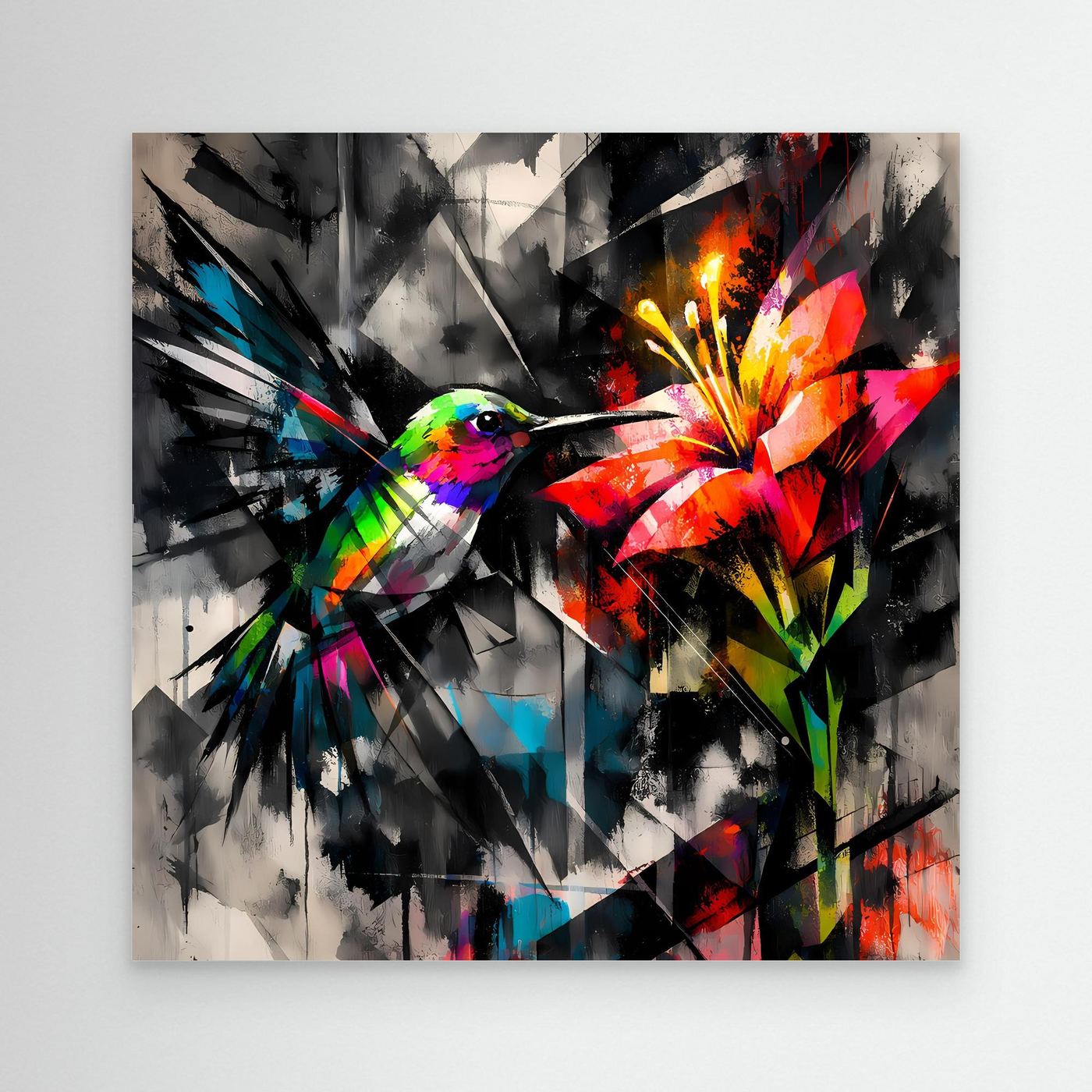 Leinwandbild Farbintensiver Kolibri | Abstraktes Geometrisches Wandbild auf Keilrahmen