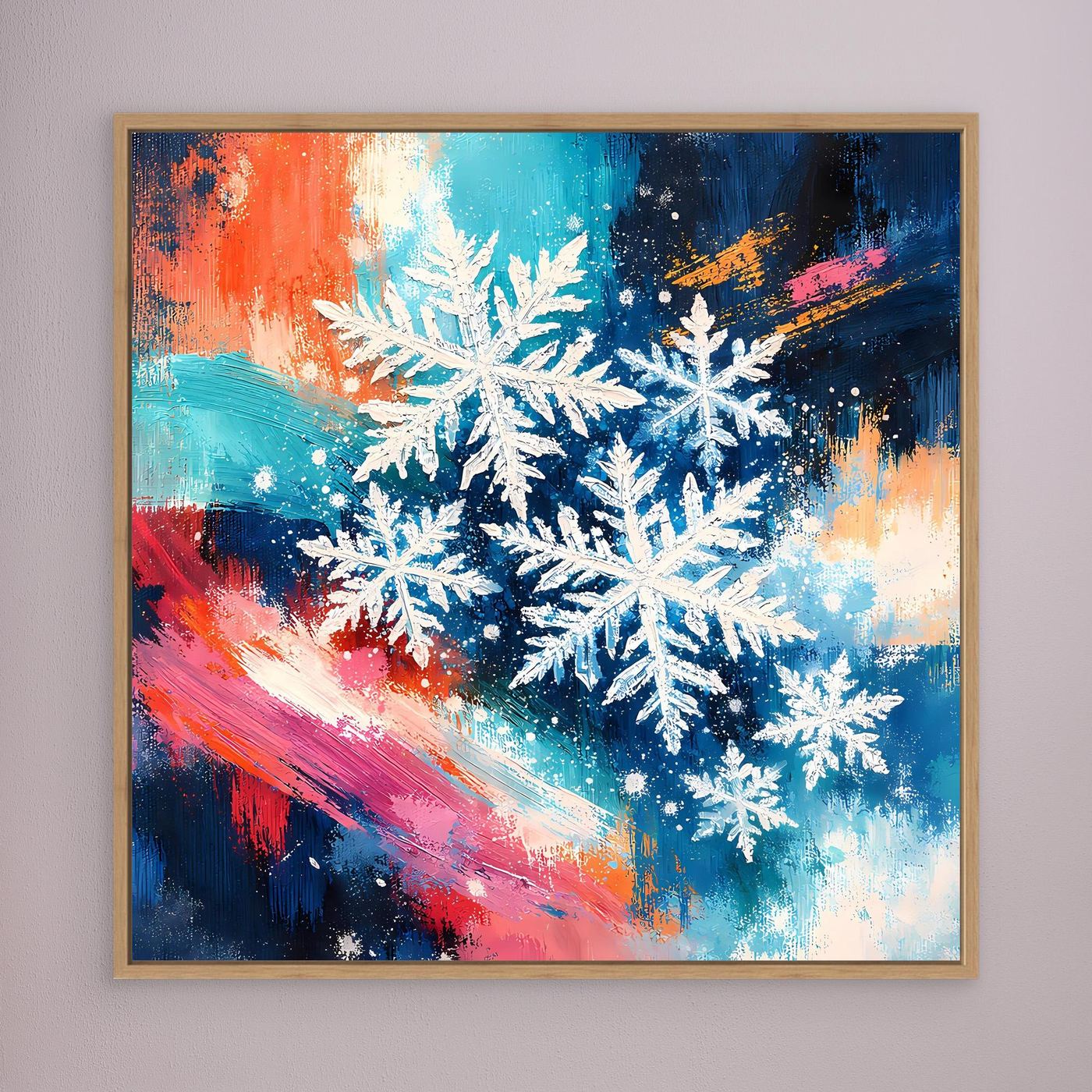 Gerahmtes Leinwandbild mit weißen Schneeflocken, Holzrahmen, blau-orangefarbenes Motiv