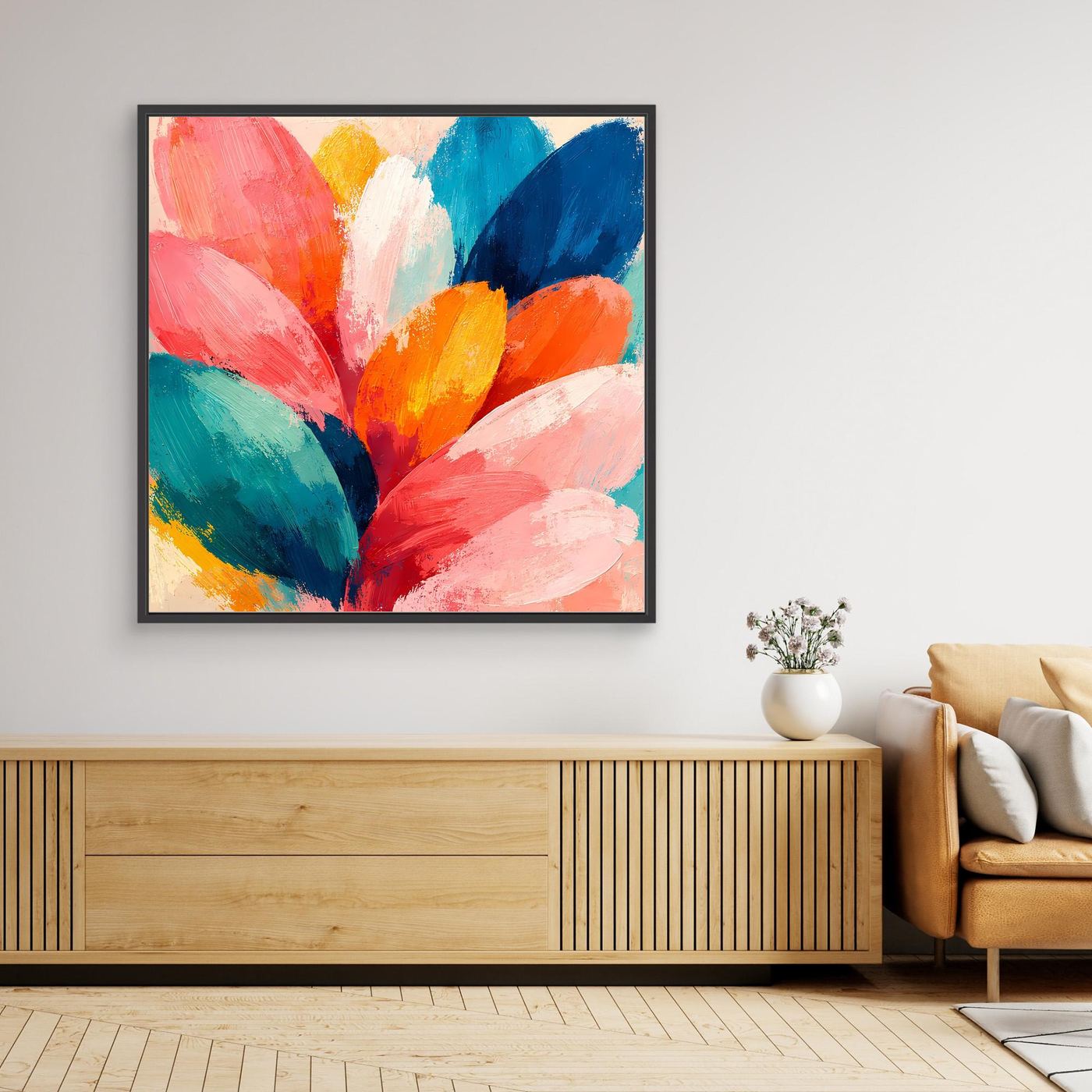 Abstraktes Leinwand-Wandbild mit bunten Blüten, schwarz gerahmt