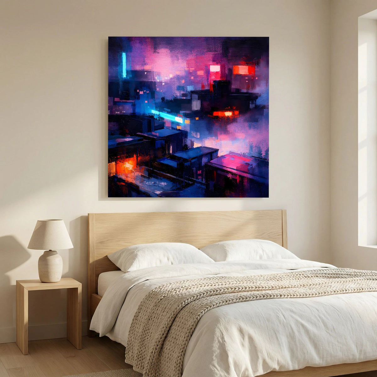Wandbild auf Leinwand: Neon-Stadt bei Nacht mit roten und blauen Lichtspuren, dunkler Rahmen