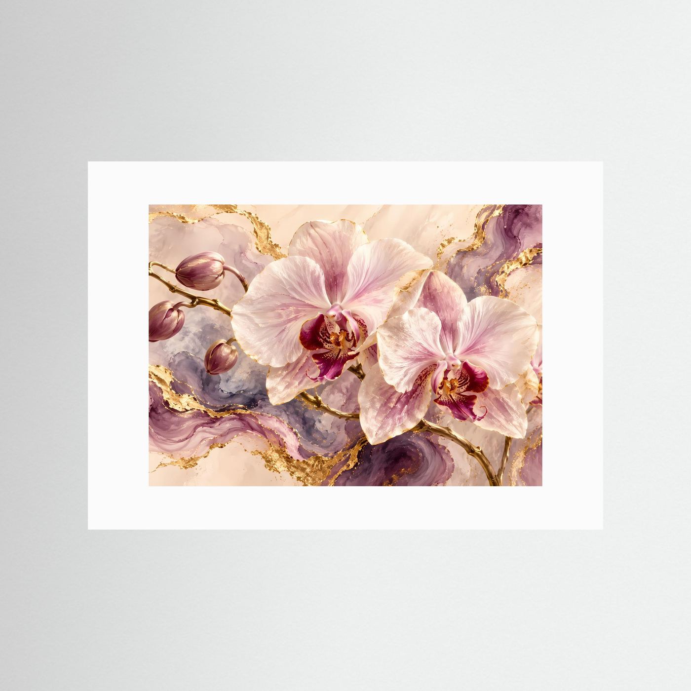 Poster mit weißen Passepartout, rosafarbene Orchideen und Goldmarmor, Querformat