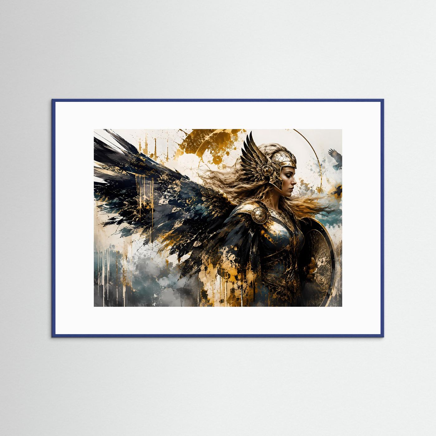 Walküre mit Engelsflügeln in Gold & Schwarz | Episches Mythologie Wandbild & Kunst-Poster