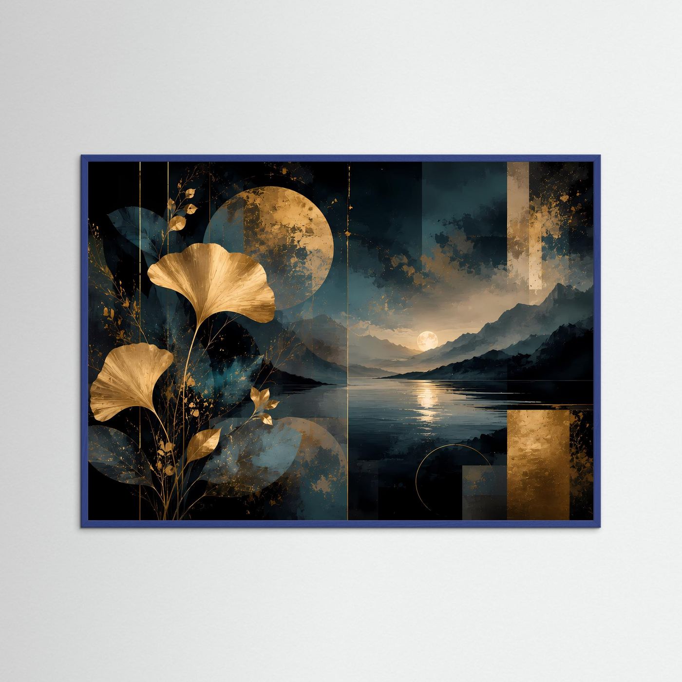 Abstraktes Naturkunst-Poster mit goldenen Ginkgo-Blättern und Bergsee-Motiv, Rahmen in Blau