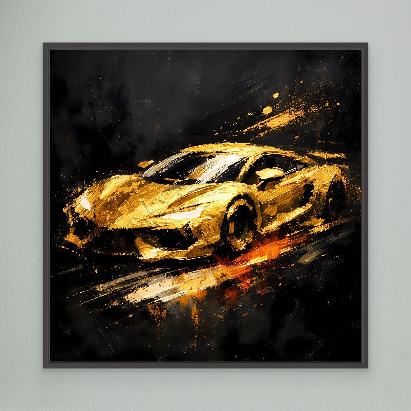 Leinwand Goldener Sportwagen Abstrakt | Modernes Rennwagen Wandbild Schwarz Gold