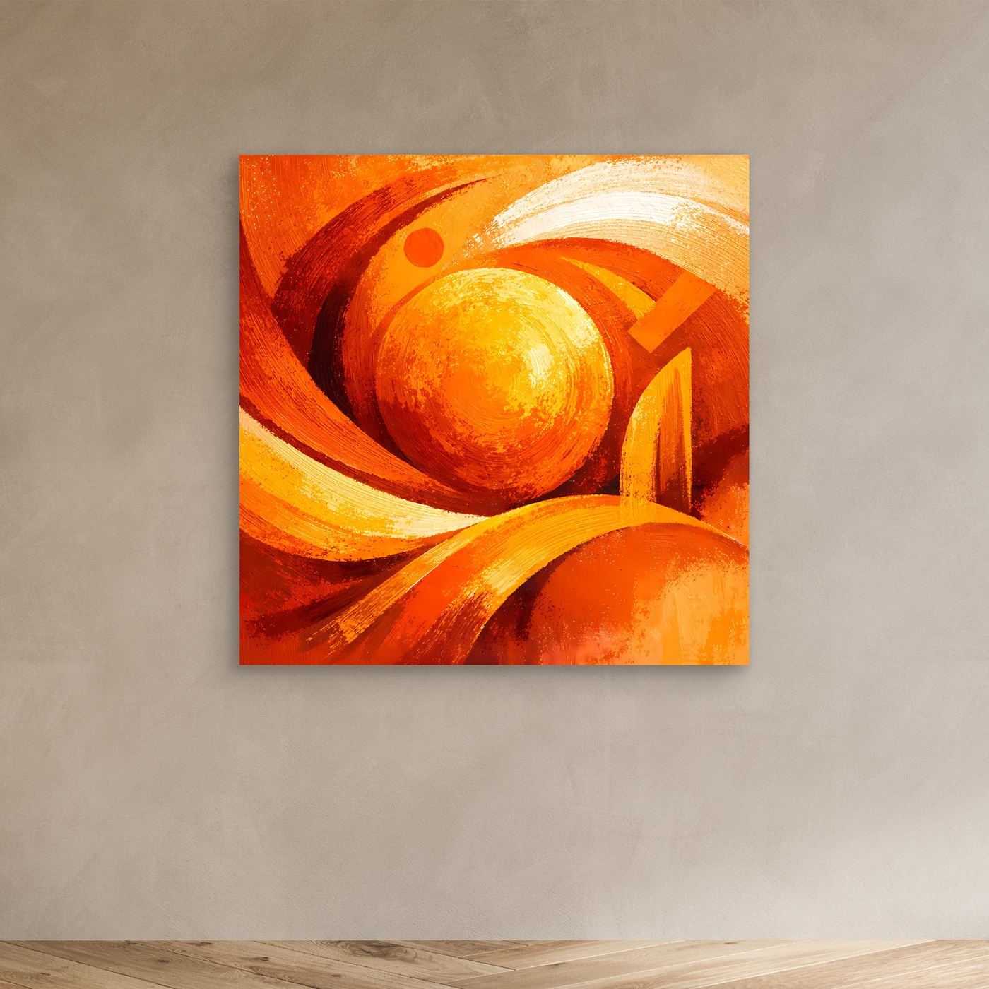 Kleines quadratisches Leinwand-Wandbild: orange-gelbe Wirbel, runde Formen und Streifen
