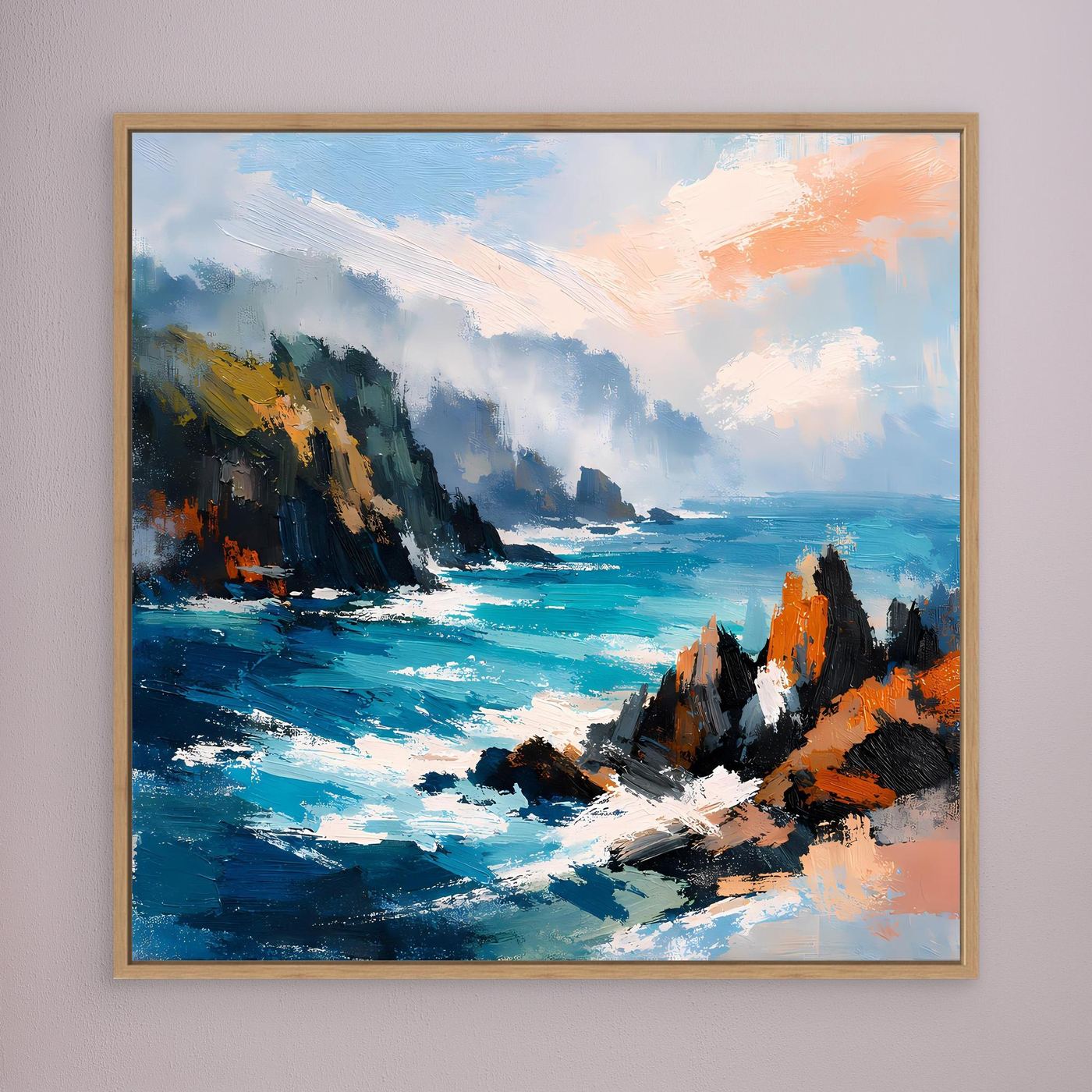 Leinwand-Wandbild: abstrakte Küstenfelsen am Meer, Blau/Türkis/Orange, Eichenrahmen