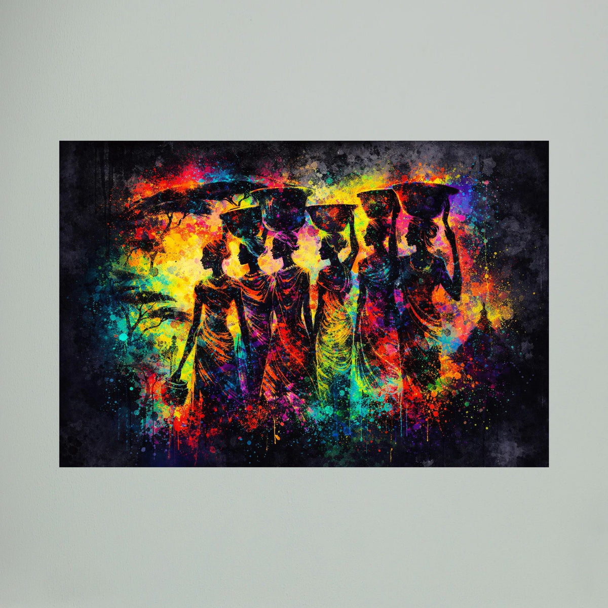 Poster mit farbenfrohem Farbspritzermotiv afrikanischer Frauen im Querformat