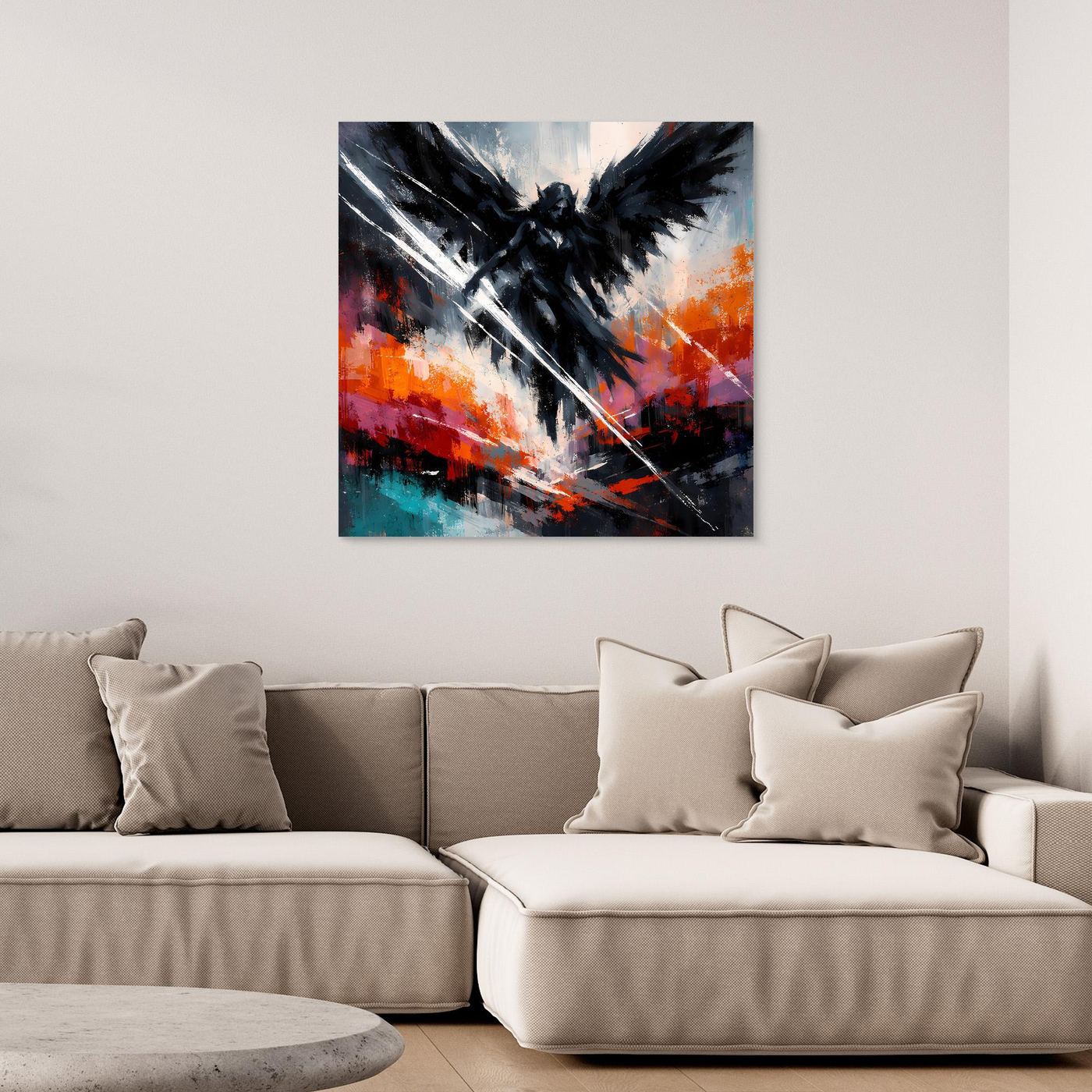 Abstraktes Leinwand-Wandbild mit schwarzem geflügeltem Engelmotiv, ohne sichtbaren Rahmen
