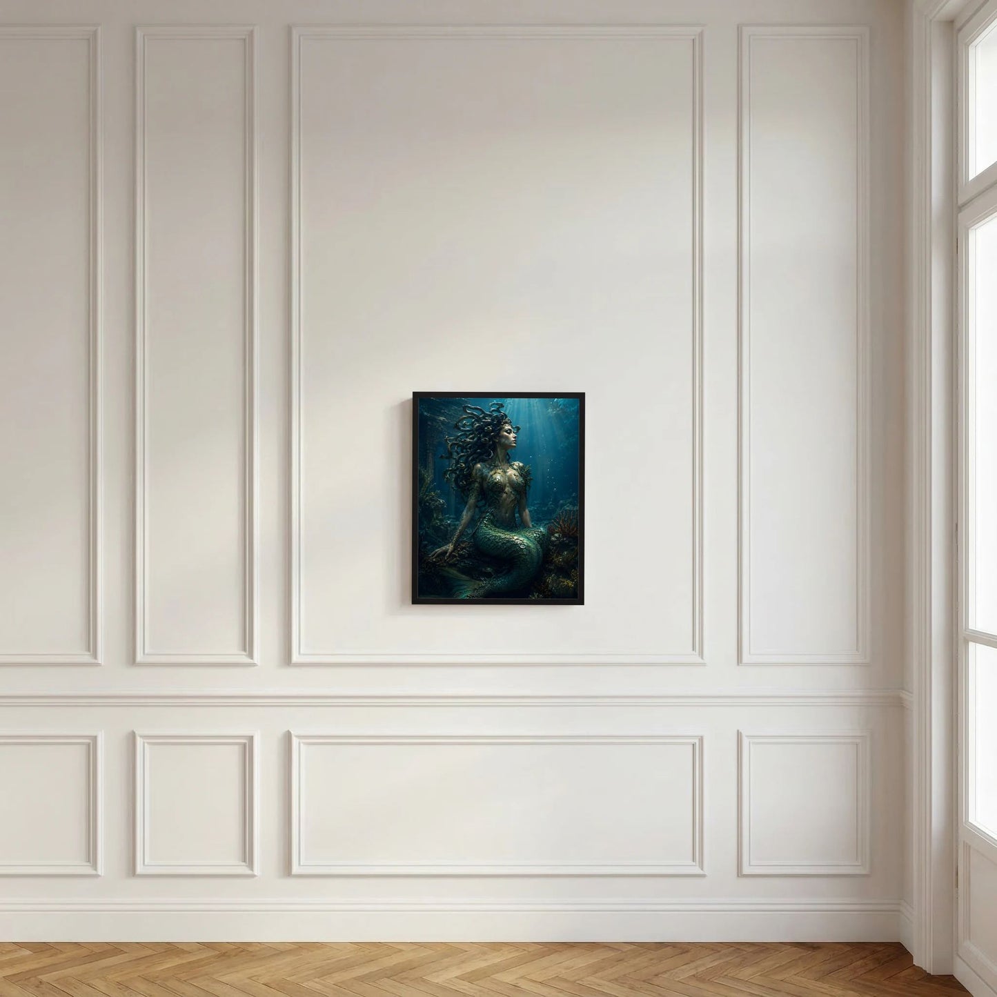 Fantasy-Poster (Hochformat) mit Meerjungfrau, dunklem Schlangenhaar und Unterwasserlicht